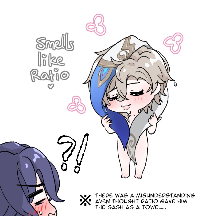 he image is a humorous chibistyle fanart depicting two genshin impact characters, albedo and an unnamed character (likely a representation of the user ratio). albedo is shown innocently wrapped in a sash he mistakenly believes to be a towel,  with a caption stating there was a misunderstanding. the other character is shown with a surprised and slightly blushing expression. the image is lighthearted and uses exaggerated expressions and chibi features.  the text "smells like ratio" is also included, referencing the character's name and implying a suggestive humor related to the situation.