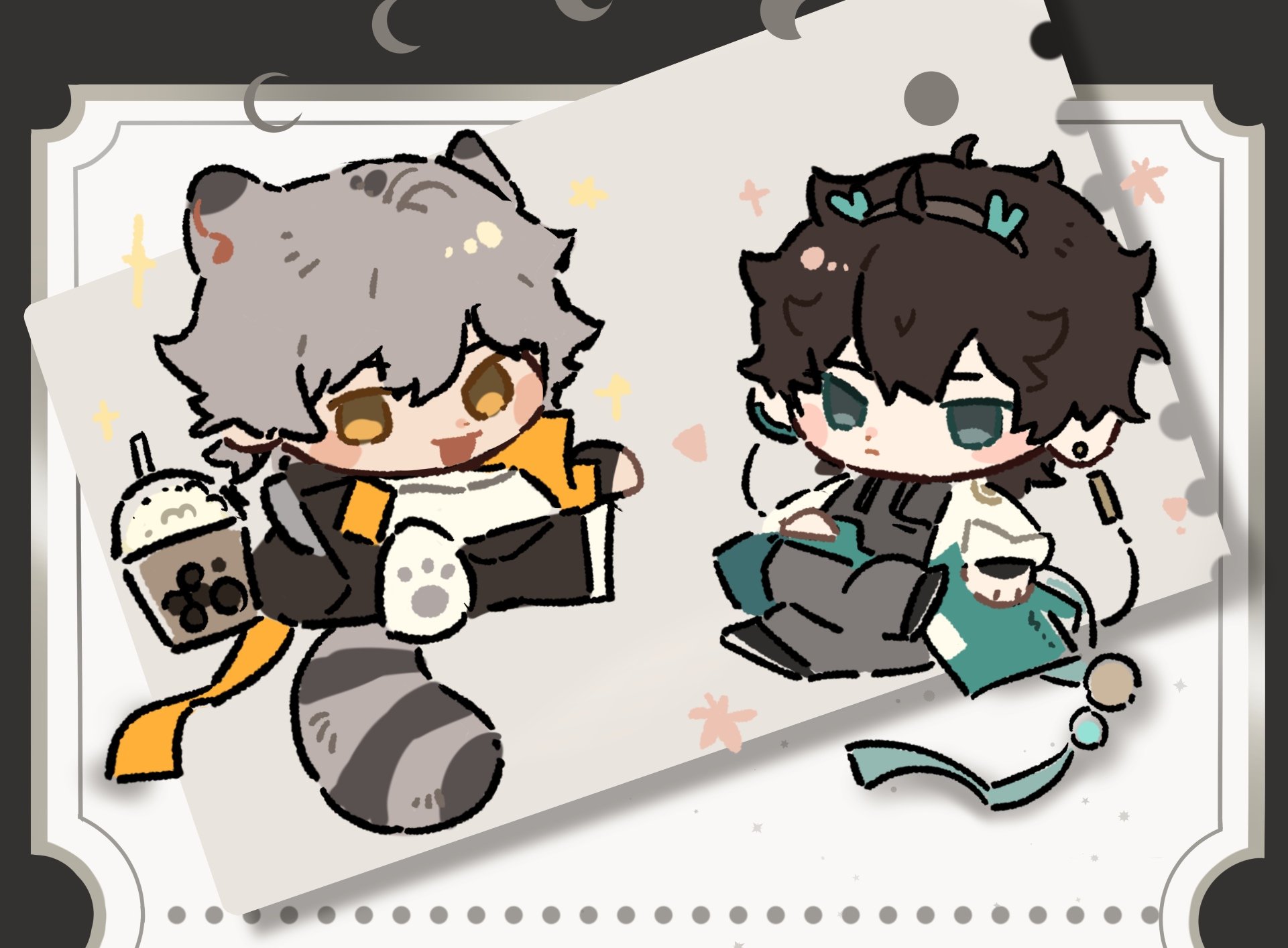 the image is a cute cartoon drawing of two boys in a chibi style. the boy on the left has white and grey hair, and is holding a boba tea. he is wearing a white shirt with a yellow stripe, black pants, and has a raccoon tail. the boy on the right has brown hair and is wearing a white shirt with a green stripe, black pants and a teal jacket. he is holding a book. they are both smiling and look friendly with each other. the background is a creamcolored background with a light grey border. the image is drawn in a simple and childlike style.