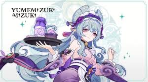 a digital drawing of yumemizuki mizuki, an anime girl with blue hair and purple accents. she has horns and is holding a tray with a drink and dessert on it. she is wearing a purple and white outfit.