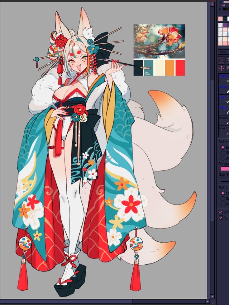 the image showcases a digital painting of an animestyle kitsune (ninetailed fox) girl. she's dressed in a vibrant, ornate kimono and yukata combination, featuring red, teal, and white colors with floral patterns.  her hairstyle includes traditional japanese hair ornaments. the character holds a cigarette holder in a relaxed pose.  a color palette is visible, suggesting the artist's choices for the character's design. the image shows part of a digital art program interface, indicating it's a workinprogress. the overall style is highly stylized and colorful, emphasizing both traditional japanese aesthetics and anime/manga conventions.