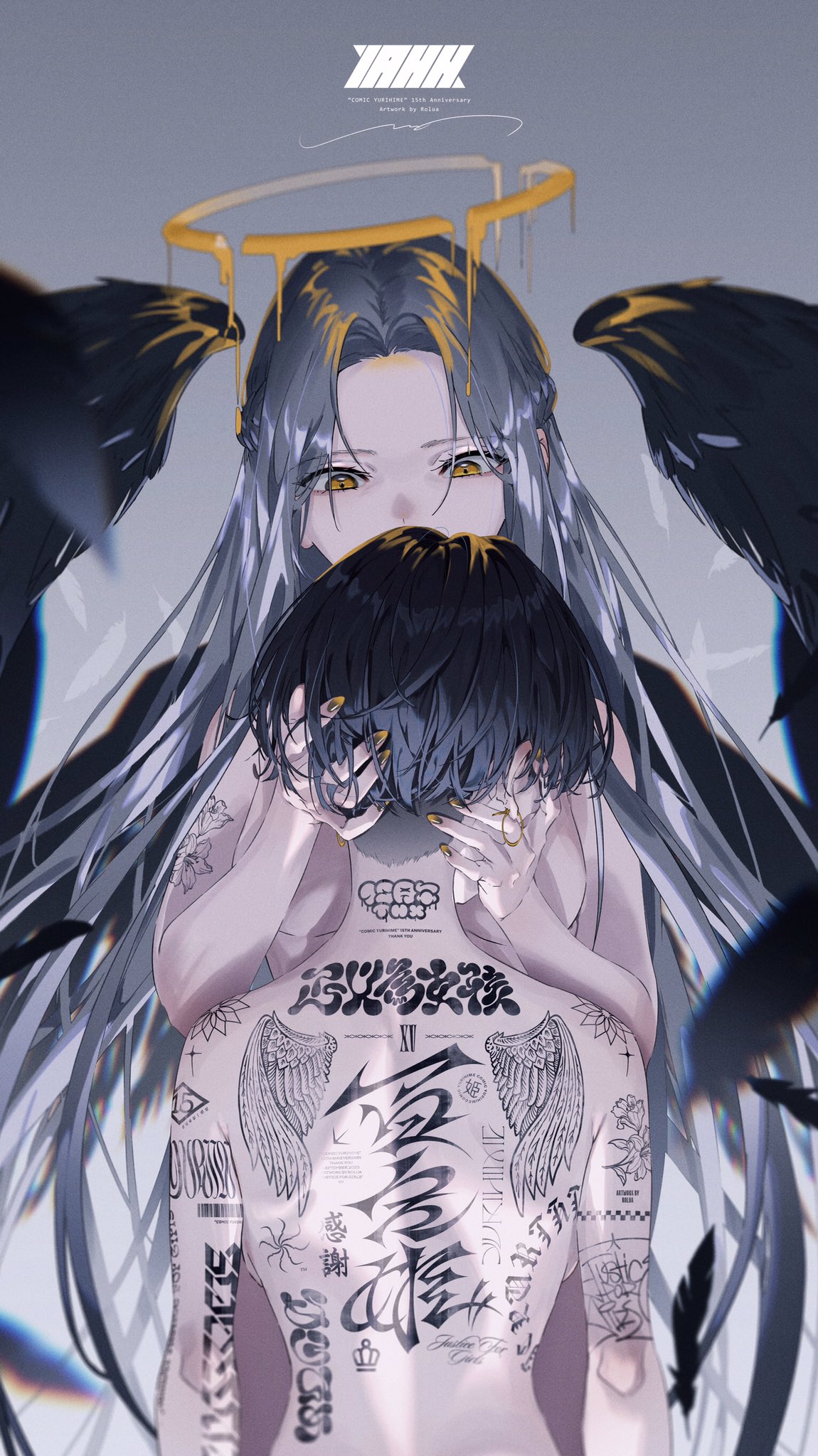 this anime illustration showcases a couple with an angelic aesthetic. the woman, adorned with a halo and long flowing hair, is seen holding a man covered in intricate tattoos. their expressions are filled with a mix of love and mystery, hinting at a complex relationship. the contrast between light and shadow, along with the intricate details in the artwork, creates a stunning visual narrative. the angelic wings and the dark, gothic elements add to the mystique and intrigue, leaving the viewer questioning the nature of their connection.