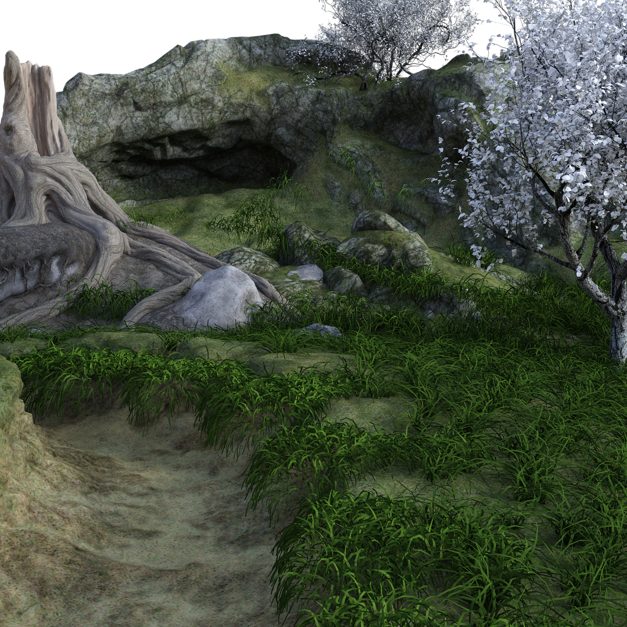 a digital rendering of a lush, natural landscape featuring a variety of elements. a rocky hillside dominates the background, with a visible cave opening. in the foreground, vibrant green grass covers the ground, punctuated by scattered rocks. a prominent tree stump with gnarled roots stands to the left, while trees with white blossoms are seen on the right. the overall scene conveys a serene and wild outdoor environment.