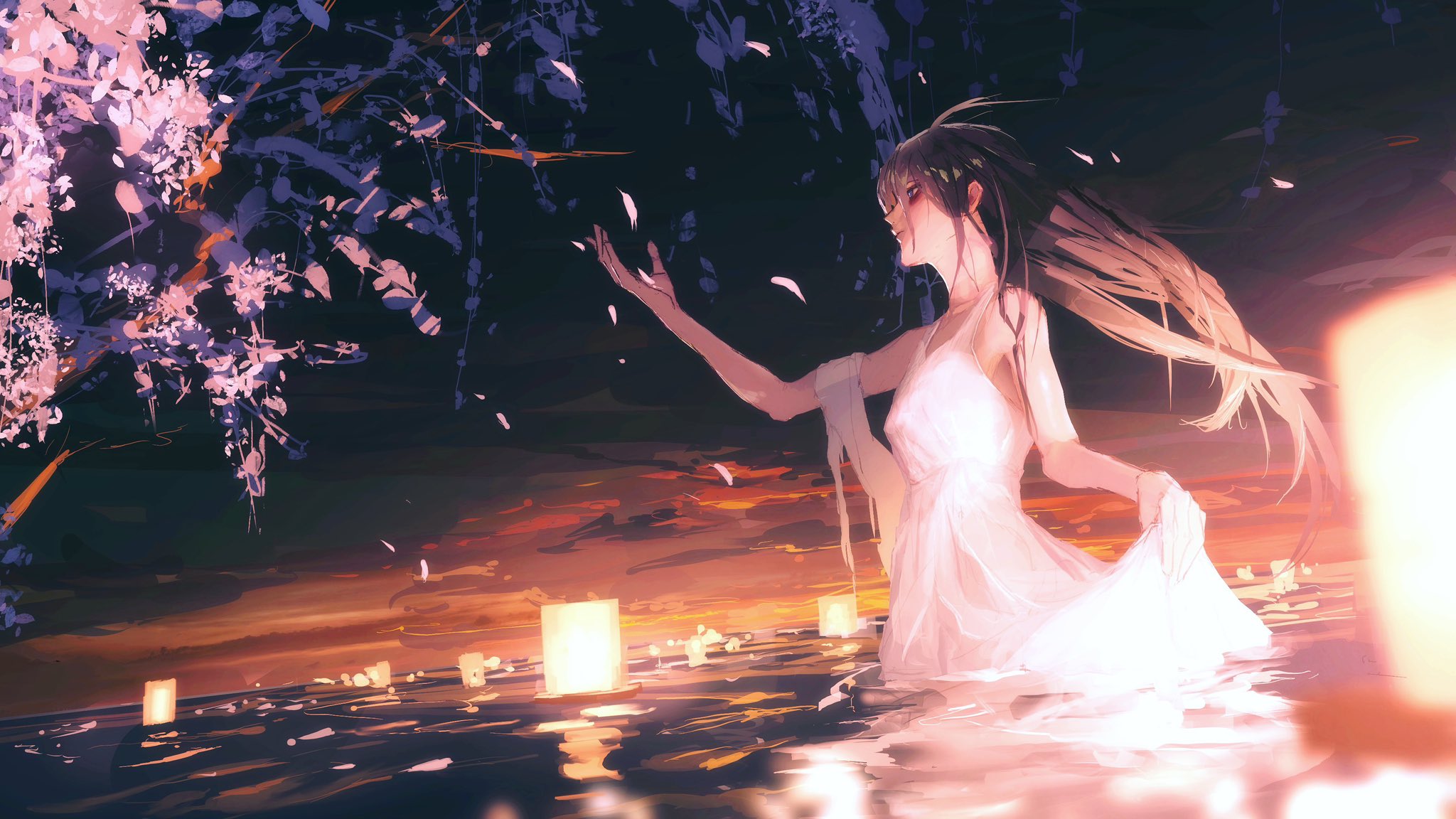 the artwork depicts an animestyle woman with long dark hair, wearing a flowing white dress.  she's standing waistdeep in calm water, her arm extended as if reaching for something, possibly blossoms falling from a flowering tree branch above.  the scene is bathed in the warm, orange and pink hues of a sunset. numerous floating lanterns illuminate the water's surface, creating a peaceful and ethereal atmosphere. the overall mood is serene, romantic, and slightly melancholic. the style is painterly, with soft brushstrokes giving it a dreamy quality.