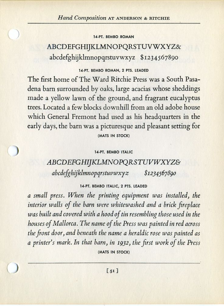 this image is a page from a book about the history of the ward ritchie press. the page features a sample of the bembo typeface in roman and italic styles, with a description of the first home of the press, which was a barn in south pasadena, california. the barn was used by general fremont as his headquarters during his exploration of the west. the page also includes details about the printing equipment and the design of the press.  the page is from a book about the history of the ward ritchie press.