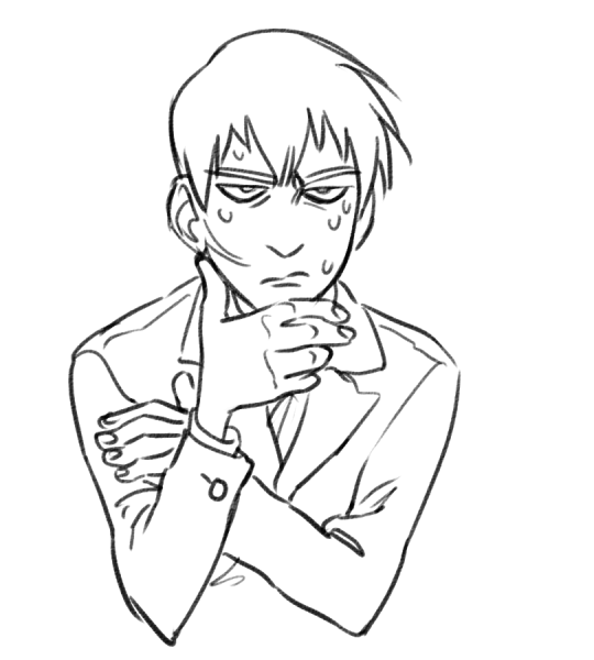 a black and white sketch of a young man with sweat dripping from his brow. he appears to be deep in thought, nervously biting his fingers with one hand while the other is tucked into his arm.  he's wearing a suit jacket.