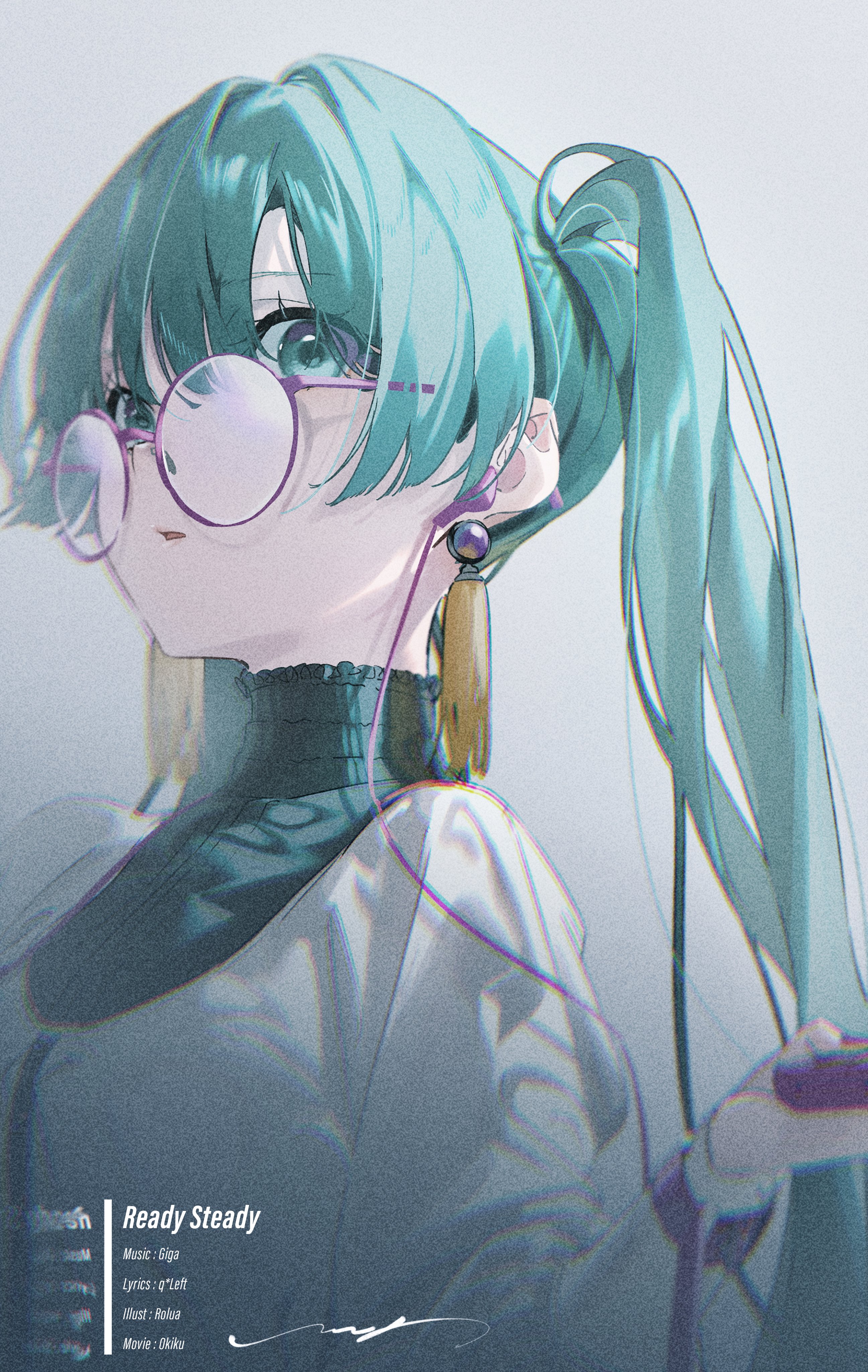 this is a digital illustration of an anime girl with long green hair, wearing glasses and headphones. she has a serious expression on her face and is looking at the viewer. she is wearing a white shirt and her hair is tied back with a ponytail. the background is a light blue and white color.  the art style is reminiscent of japanese manga and anime. the use of color, shadows, and lighting create a sense of depth and realism in the illustration.