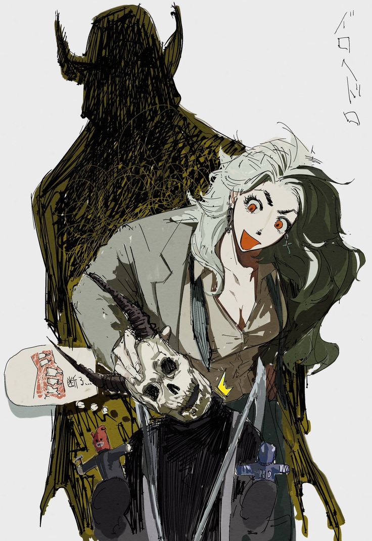 a drawing of an anime woman with white hair wearing a grey suit. she has horns and is holding a skull with a devilish smile on her face. the background is a dark shadowy figure with horns, and there is a sword in the image as well.