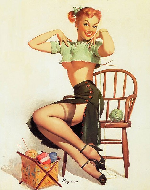 a vintage pinup illustration featuring a smiling redhead woman in a cropped green sweater and dark green skirt, sitting on a wooden chair and knitting. she is wearing stockings and heels and is posed in a seductive manner. the style is characteristic of 1940s1950s pinup art, with a focus on the woman's figure and a nostalgic aesthetic. a yarn ball and knitting basket are also visible. the artwork is signed "elvgren," suggesting it is by gil elvgren, a famous pinup artist.