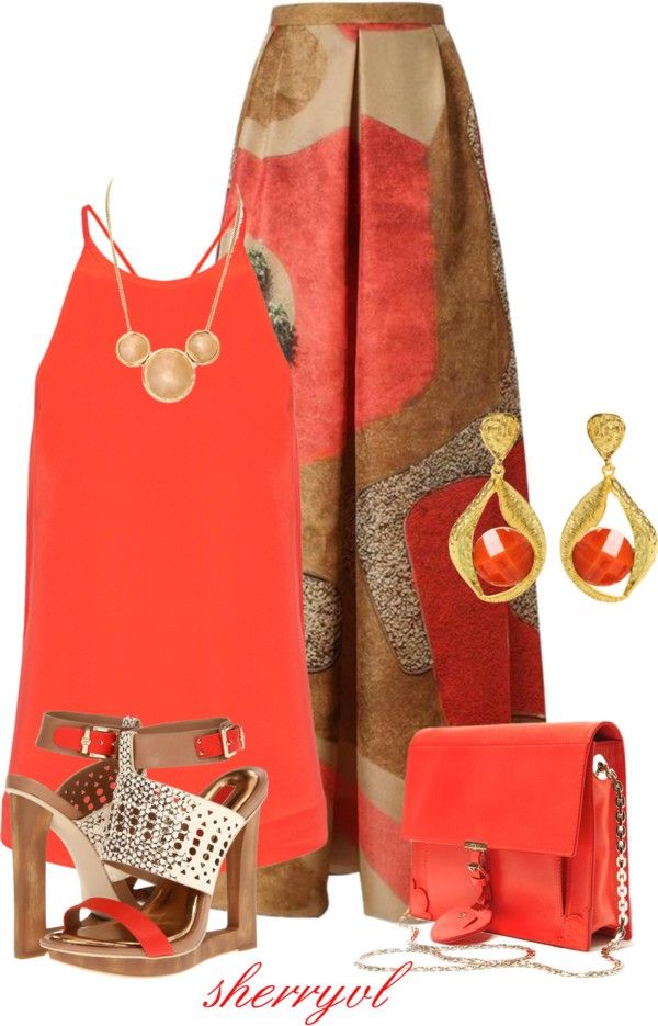 the image shows a curated fashion collection featuring a bright orange tank top paired with a patterned maxi skirt. a goldtoned necklace and matching earrings add to the ensemble, alongside an orange shoulder bag and highheeled sandals. the overall presentation gives a vibrant and stylish impression.