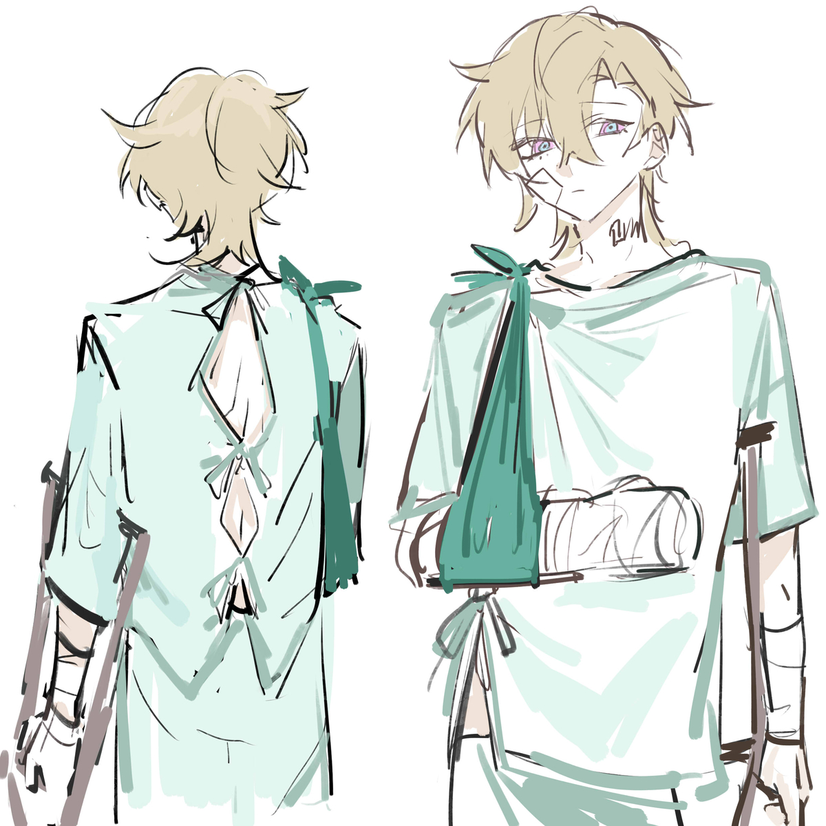 this is a digital art illustration of an anime boy in a hospital gown. he is injured and has a broken arm in a sling, and is using crutches to walk. the art style is loose and sketchy, with a focus on lines and shading. the character's expression is slightly sad and weary, reflecting his injuries.