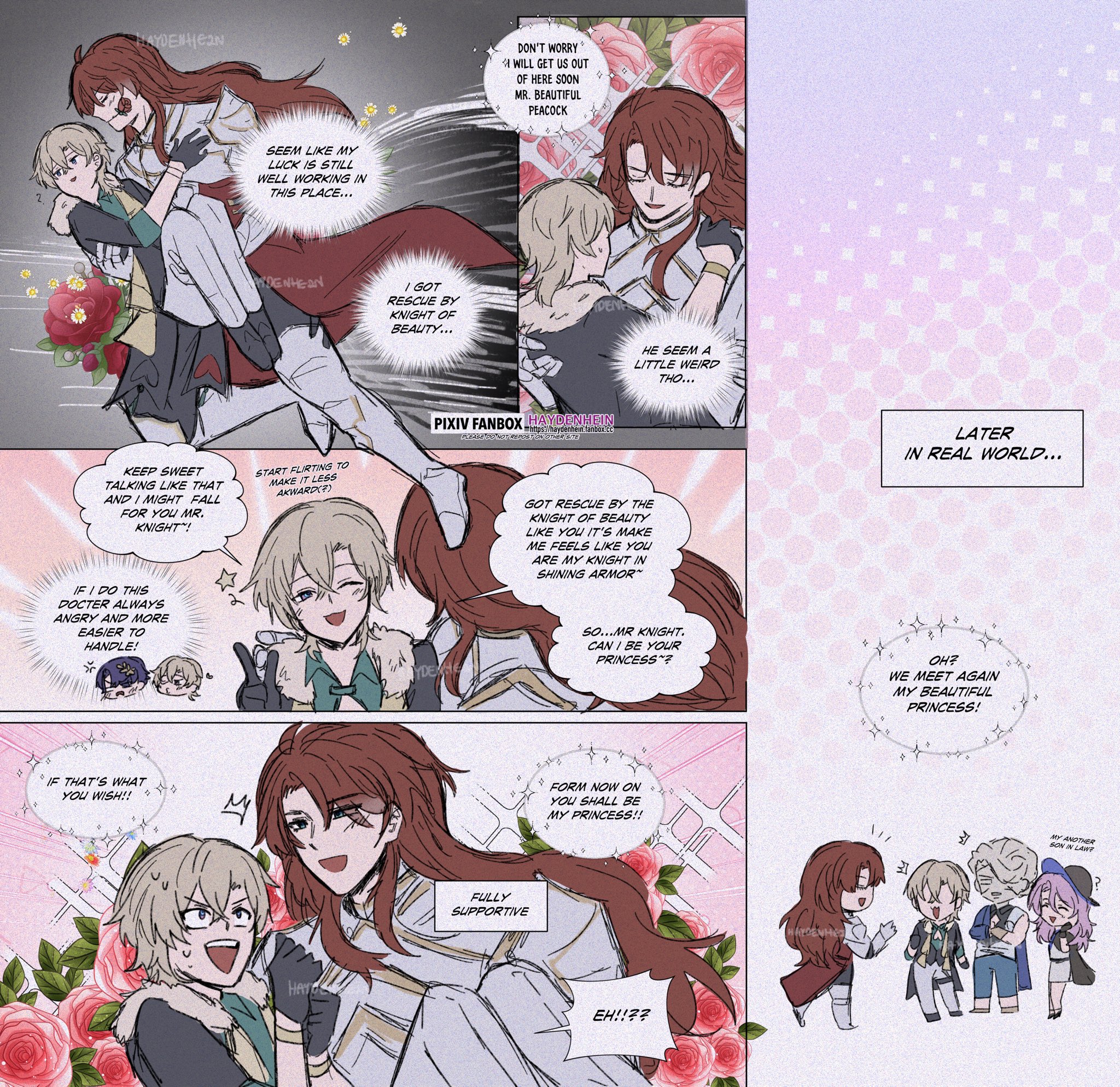 this is a comic panel from a story about a knight and a princess. the princess is being rescued by the knight, and they are both blushing and looking at each other with hearts in their eyes. the knight is saying "form now on, you shall be my princess!". in the bottom right corner, there is a smaller scene where the knight and princess are reunited in the real world. they are both very happy to see each other. the dialogue bubbles suggest that the princess is in love with the knight, and that he is already in love with her. the overall tone of the comic is sweet and romantic.