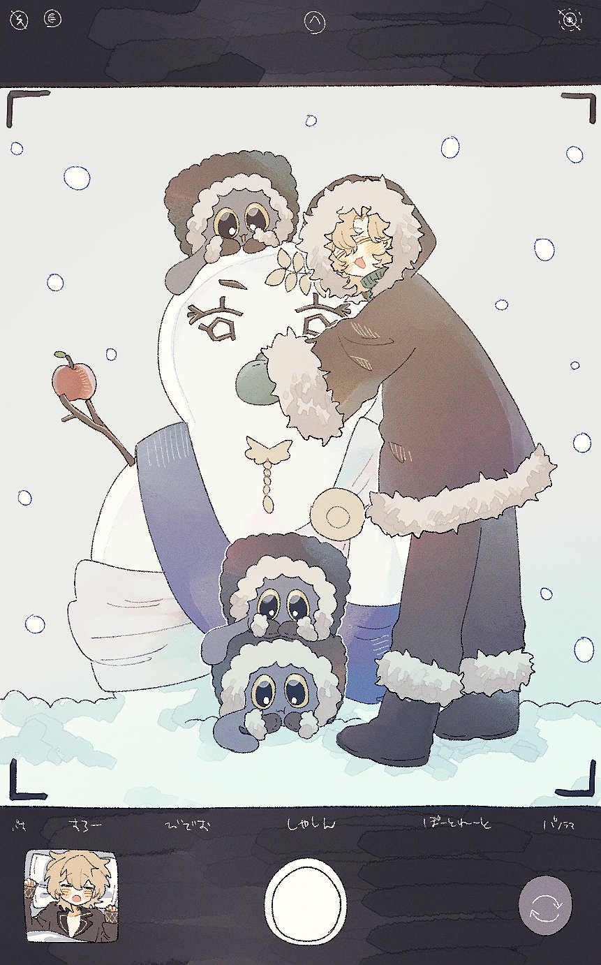 the image is a digital illustration in an anime/manga style. it depicts a lightskinned child with blond hair, wearing a large parka, playfully interacting with a large snowman.  the snowman has a face and features, and seems to be wearing a scarf. several small, furry, polar bearlike creatures surround the snowman. the art style is soft and cute, with pastel colours dominating.  the scene is set in a snowy landscape.  the illustration is presented as if viewed through a phone camera's interface, complete with onscreen buttons and a small thumbnail of another similar image.  japanese text is visible in the ui of the phone.