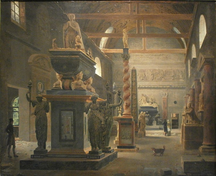 the image is a painting depicting the interior of a large hall or museum filled with various statues, monuments, and architectural features. a large tomb is prominent on the left, adorned with sculptures and figures. several other statues are scattered throughout the space, some on pedestals or beside columns. a few people are visible in the background, along with a small dog in the foreground. the architecture includes columns, arches, and windows that let in light. the overall atmosphere is historical and artistic. a man stands near the left foreground.