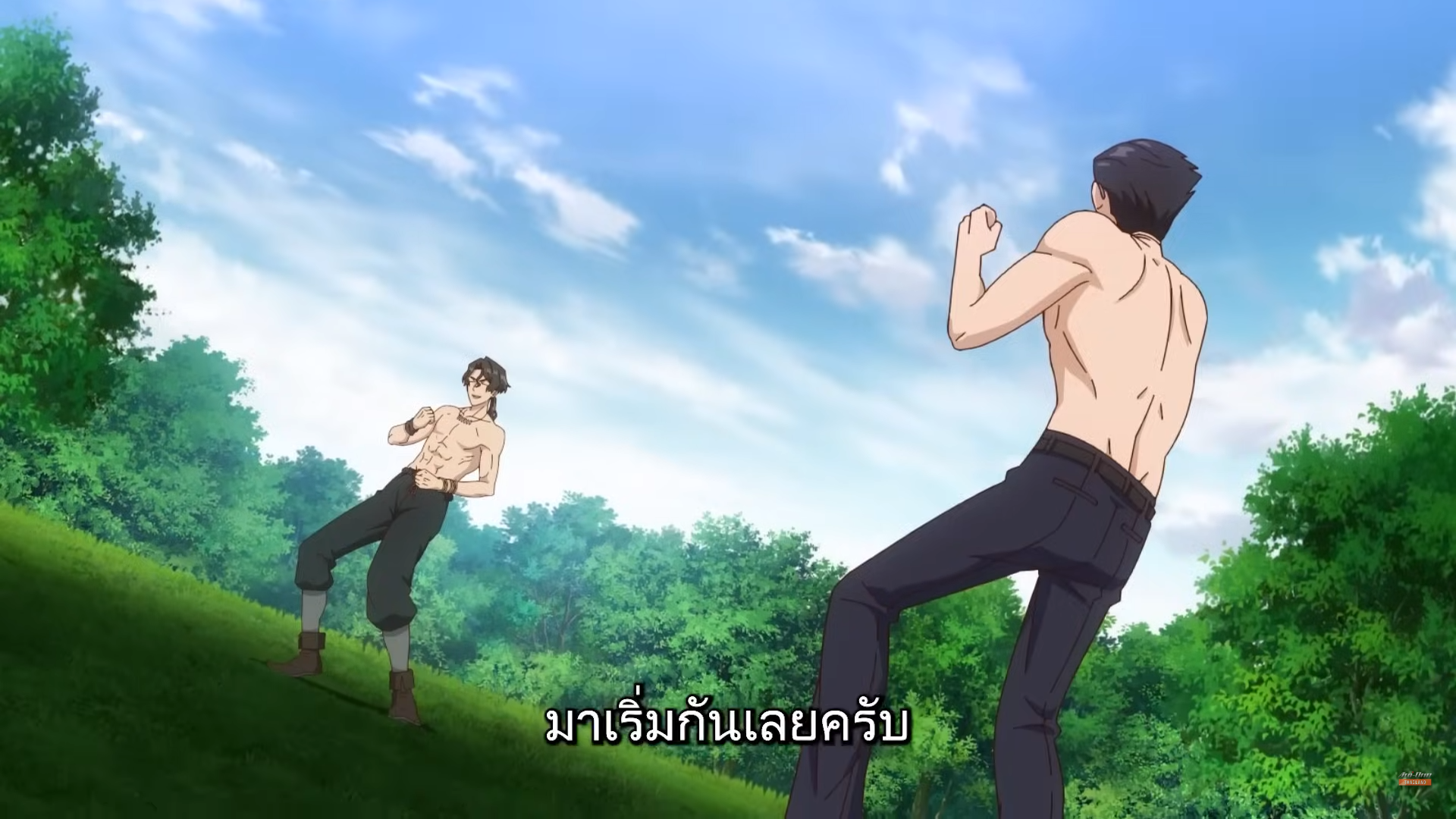 the image shows two muscular men facing off in a grassy field. they are both shirtless and appear to be preparing for a fight. the background suggests a peaceful natural setting, which contrasts with the tension of the confrontation. the men are illuminated by bright sunlight, casting shadows on the ground. the low camera angle adds to the sense of anticipation and power dynamic between the two figures.