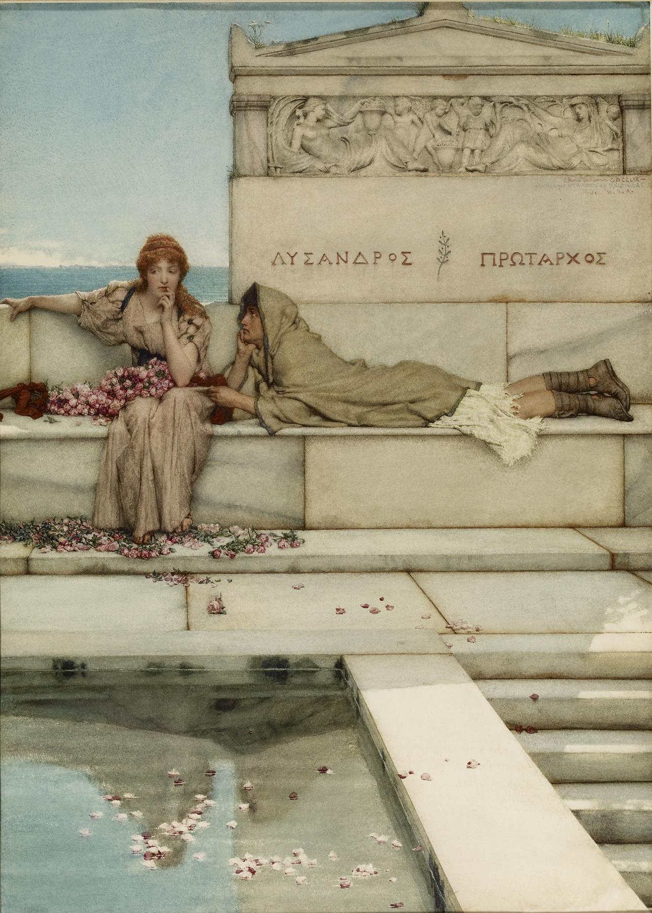 the image is a painting depicting two figures seated on a marble bench in front of a tomb. a woman with red hair is sitting upright on the left side, wearing a long beige dress and resting her head on her hand in a contemplative pose. she is surrounded by a garland of pink flowers. to her right, a man reclines on the bench, covered in a grey cloak with a hood. he is also resting his head on his hand, seemingly engaged in conversation with the woman. the tomb behind them is adorned with a basrelief carving of figures in classical style. the inscription "λυσανδρος" and "πρωταρχος" is written in greek. in the foreground, a pool of water reflects the scene, and scattered rose petals float on the surface. the ocean and sky are visible in the background, creating a serene outdoor setting. the style of the painting is reminiscent of the preraphaelite or aesthetic movement, and it evokes a sense of classical antiquity and melancholy. the artist is john william waterhouse.