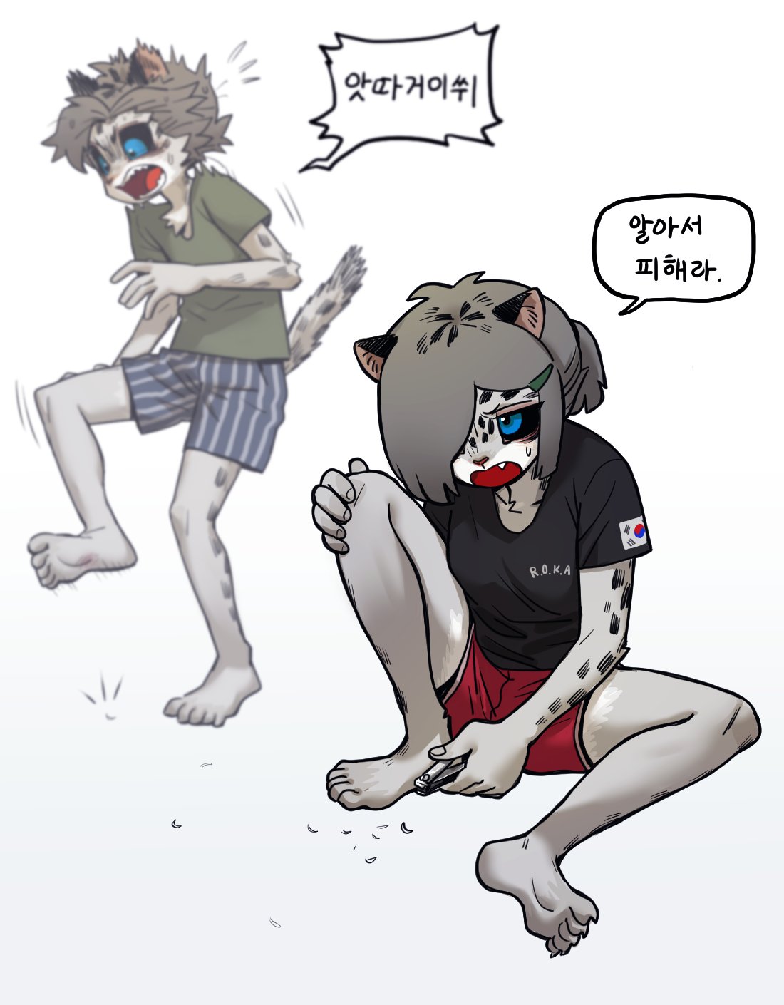 two snow leopards, one a girl with a grey and white fur and one boy with white fur, are wearing casual clothes, a tshirt and shorts. they are sitting on a white floor. the girl has her legs crossed while she cuts her nails with nail clippers. the boy is standing with his legs crossed, talking to the girl. the text on the speech bubbles indicates they are speaking korean.