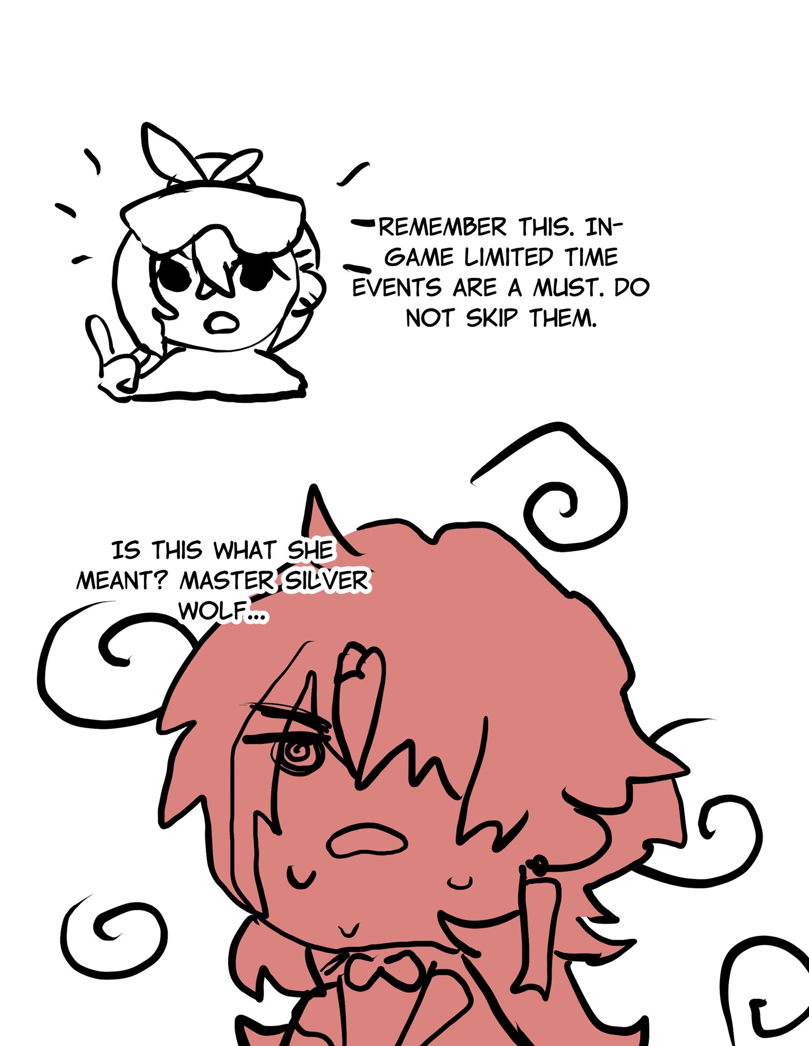 the image shows a character from a game in a pink anime/manga style. the text bubbles are referring to the "limited time events" in the game and how they are a "must" to do.