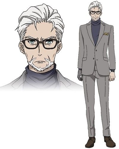 this image depicts a male anime character with white hair and glasses, wearing a grey suit and tie, standing with a serious expression. his design is detailed and welldrawn, showcasing his features and clothing. he appears to be an adult male, possibly an older man. this artwork seems to be from an anime or manga series.