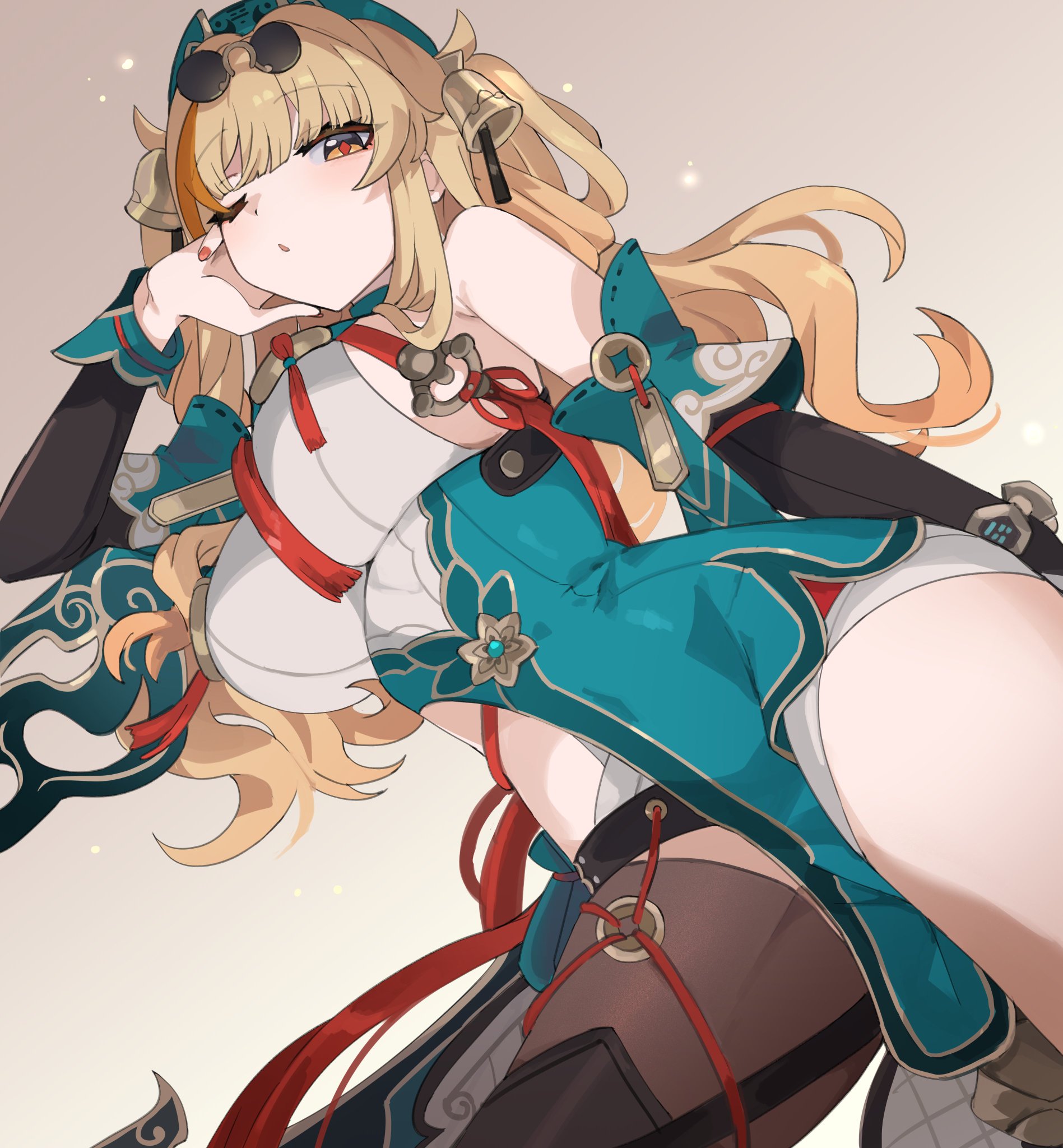 a drawing of a woman in anime style with blonde hair and a blue outfit. the woman is sitting on a chair in a  pose that shows off her figure. she is wearing glasses and has a serious expression on her face. she is holding a sword in her hand.
