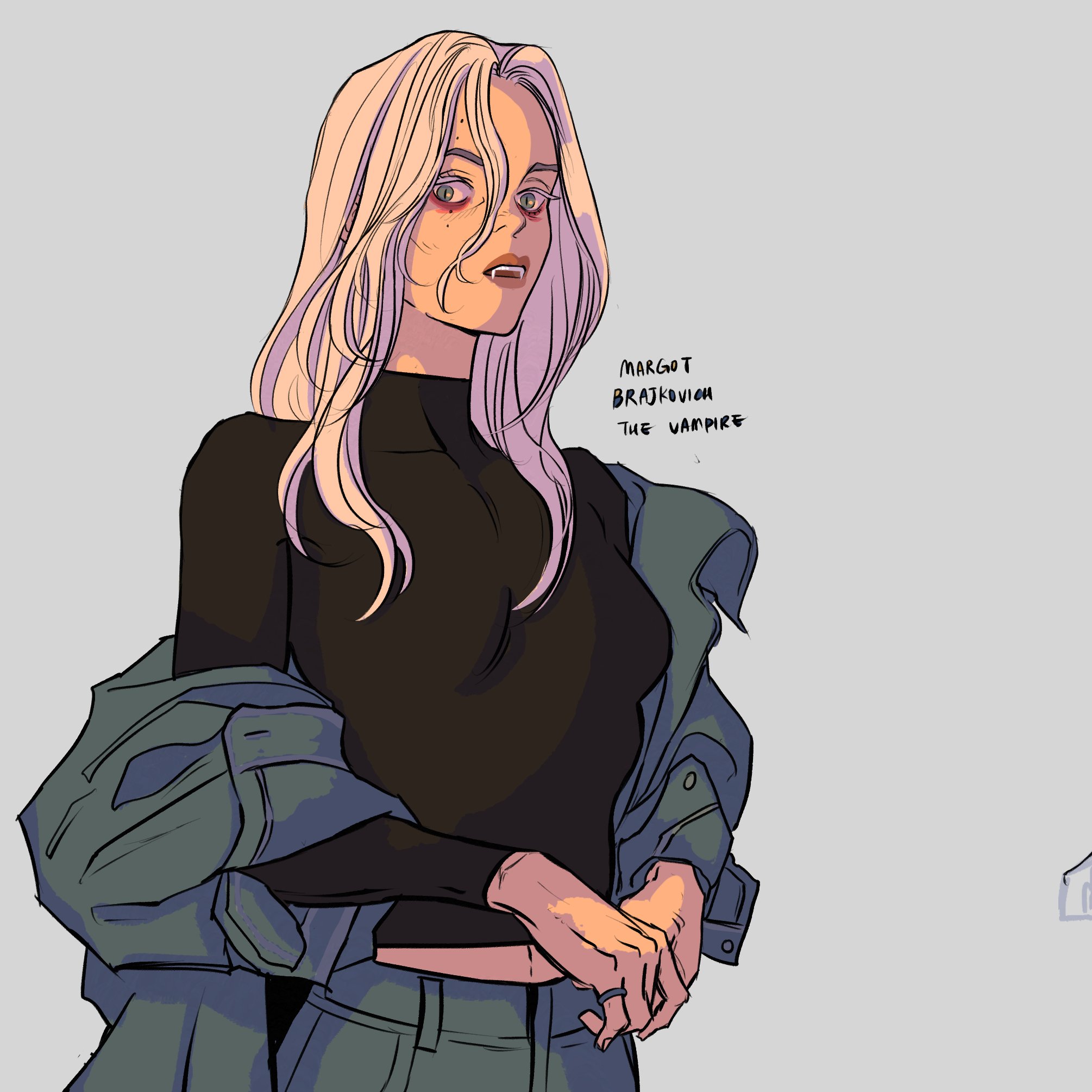 an illustration of a woman named margot brajkovich who is a vampire. she has blonde hair, pale skin, red eyes, and fangs. she is wearing a black turtleneck, a denim jacket, and a ring. the illustration is done in a cartoon style.