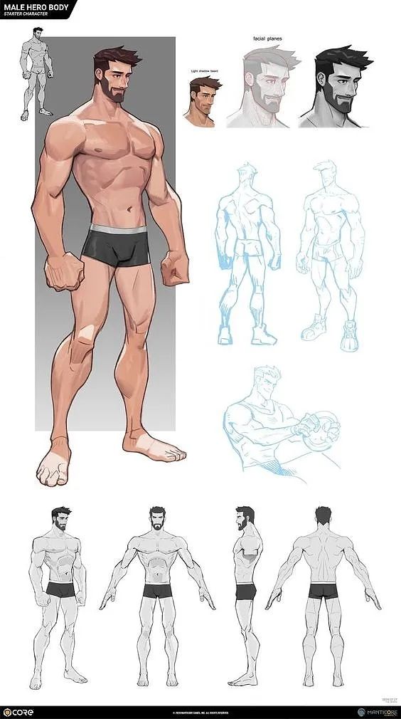 he image shows a comprehensive character design sheet for a male hero.  it features a main illustration of the character, showcasing his muscular build and pose.  numerous supplementary sketches demonstrate various facial expressions, body positions (front, back, side profiles), and variations in musculature.  the design also includes a turnaround view for a 3d model reference.  the style is consistent with comic book or animation character design.  the sheet appears to be professional artwork, likely from a studio or artist's portfolio.