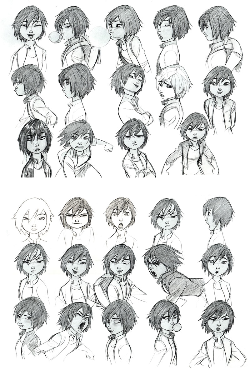 this is a black and white character expression sheet of a young male character with black hair and a small frame. the sheet shows a variety of expressions.