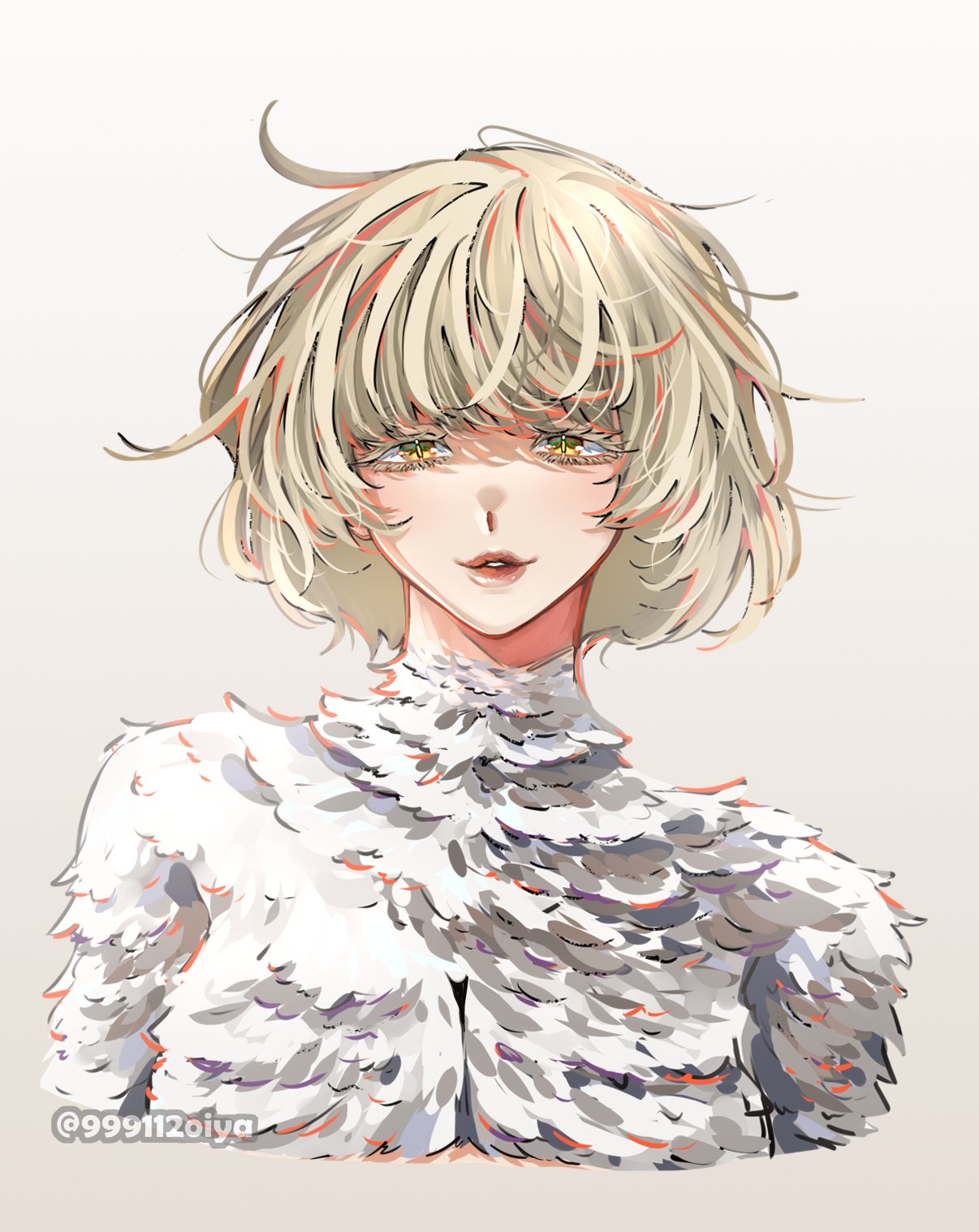the image is a digital drawing or painting of a young woman with animestyle features. she has short, blonde bobbed hair with bangs that partially cover her eyes.  her eyes are a striking yellow. she's wearing a white, textured garment that resembles feathers or layered fabric, giving a soft and elegant look. the style is soft and slightly ethereal, with a focus on detail in the hair and clothing texture.  the overall mood is serene and captivating.
