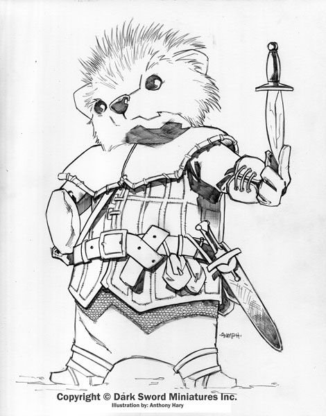 an illustration of an anthropomorphic hedgehog warrior. the hedgehog is standing upright, wearing medievalstyle armor and holding a sword in its right hand. a dagger is attached to its belt. the image is in black and white and has a fantasy feel. copyright information for dark sword miniatures inc. and the illustrator, anthony hary, are at the bottom.