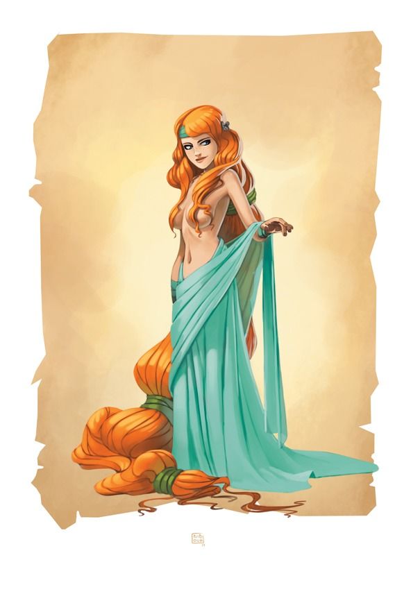 illustration of a woman with orange hair, a blue dress, and bare breasts standing in front of a scroll.