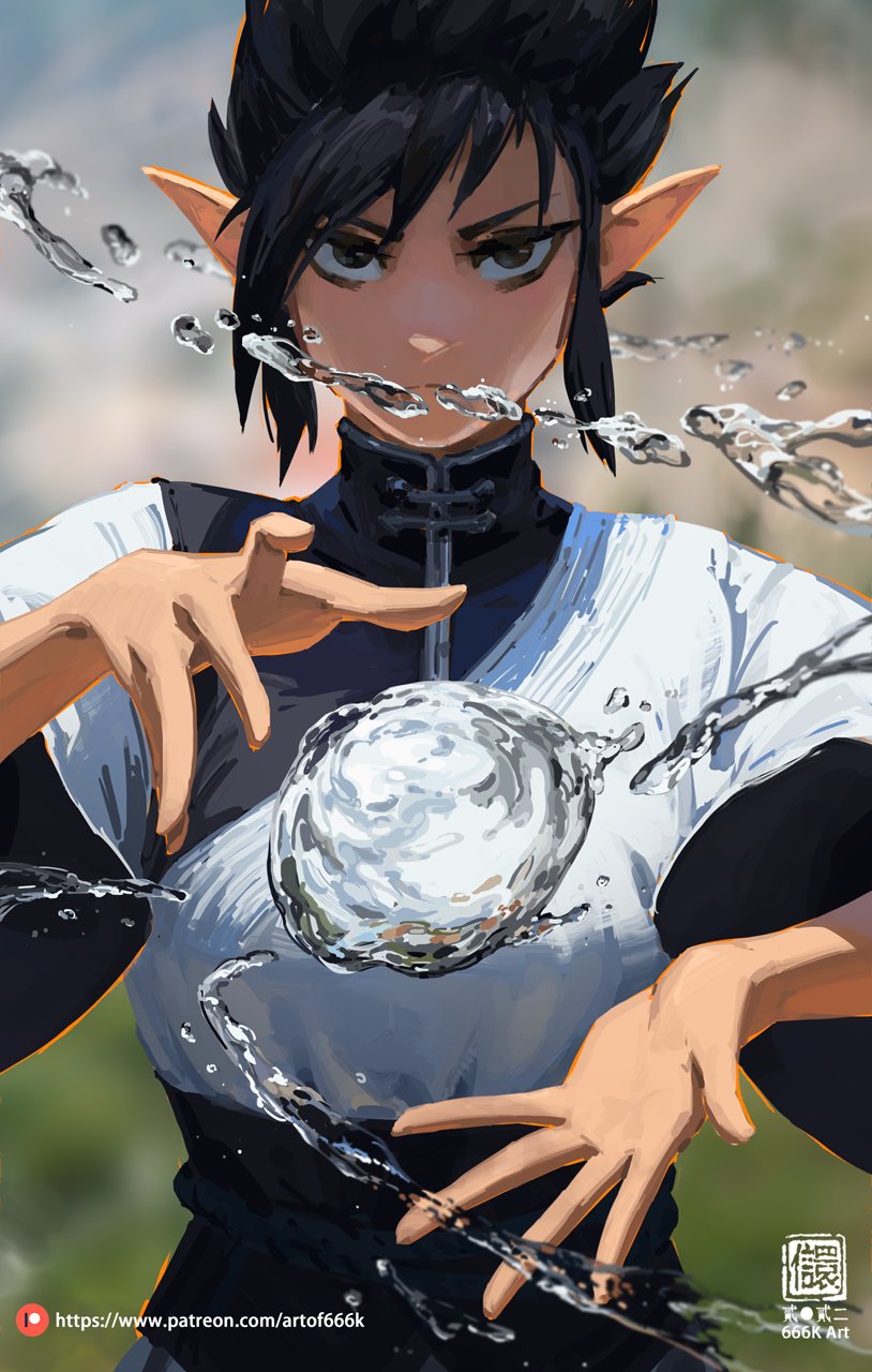 the image is a digital painting or illustration of an animestyle elf girl with dark hair and pointed ears. she's wearing a darkcolored, collared outfit with lightcolored undergarments visible at the sleeves.  the girl is shown manipulating a swirling sphere of water, with water droplets and splashes surrounding her hands and the sphere. her expression is serious and focused, suggesting intense concentration on her water magic. the background is a blurred outoffocus outdoor setting with hints of greenery.  the overall style is painterly, with visible brushstrokes and a focus on light and shadow.  there is a watermark or artist signature in the bottom right corner.
