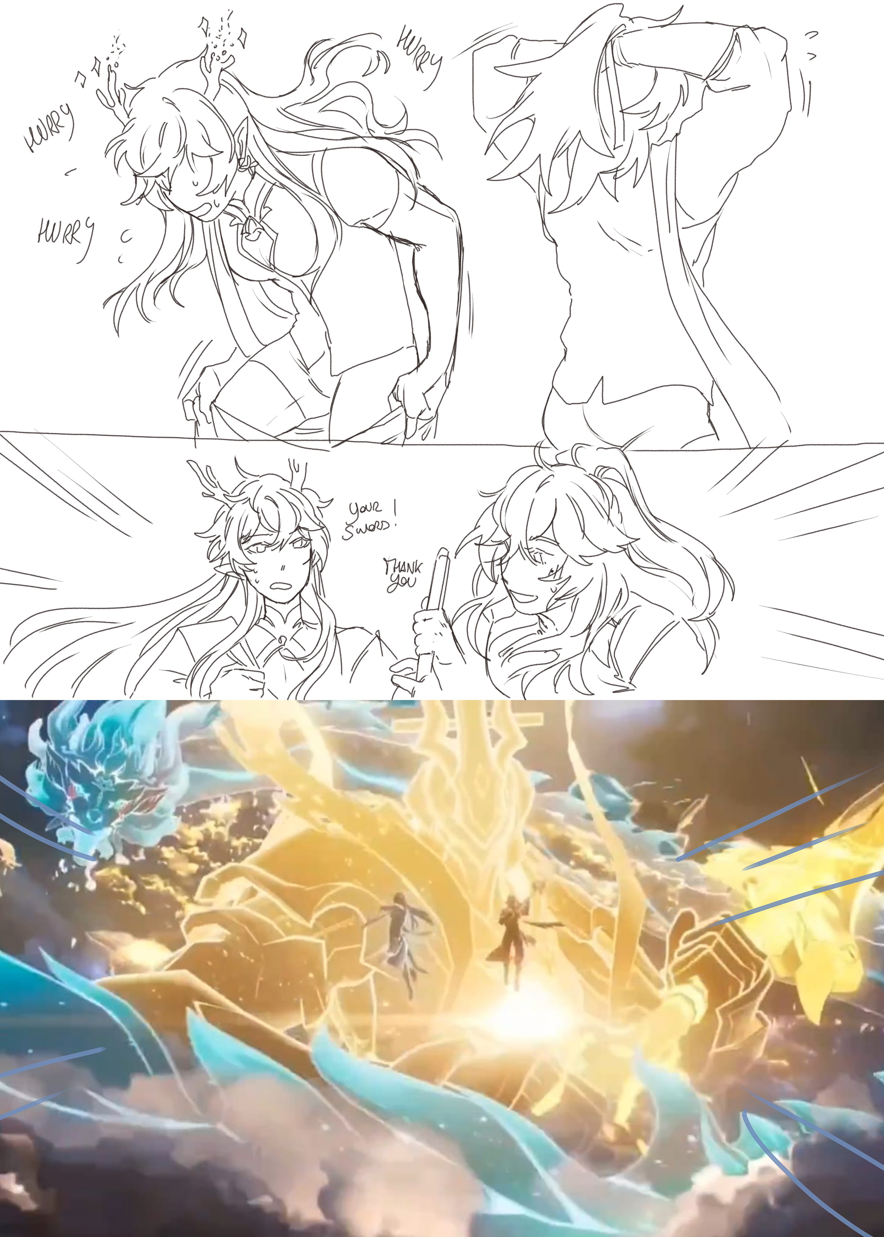 the image is a sketch of an anime scene.  the upper part is a black and white sketch of three characters, two females and one male. the female characters are dressed in long skirts and shirts. the male character is dressed in long, flowing robes. they all have their swords drawn.  the bottom part is a color illustration of an anime battle scene. there is a large energy beam emanating from the center of the image. two characters are standing in front of the energy beam, with their swords drawn. the background of the illustration is a mix of blue and yellow colors, with a light shining from the center.
