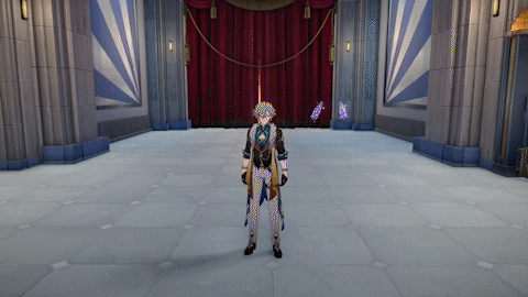 a screenshot from the video game genshin impact, showcasing a male character with blonde hair. he's wearing an elegant, stylish outfit consisting of a long coat, patterned pants, and gloves. the character is standing in a large, grand hall with a polished floor and a red curtain in the background.  the overall aesthetic is luxurious and suggestive of a palace or similar setting. the image is a 3d render from within the game.