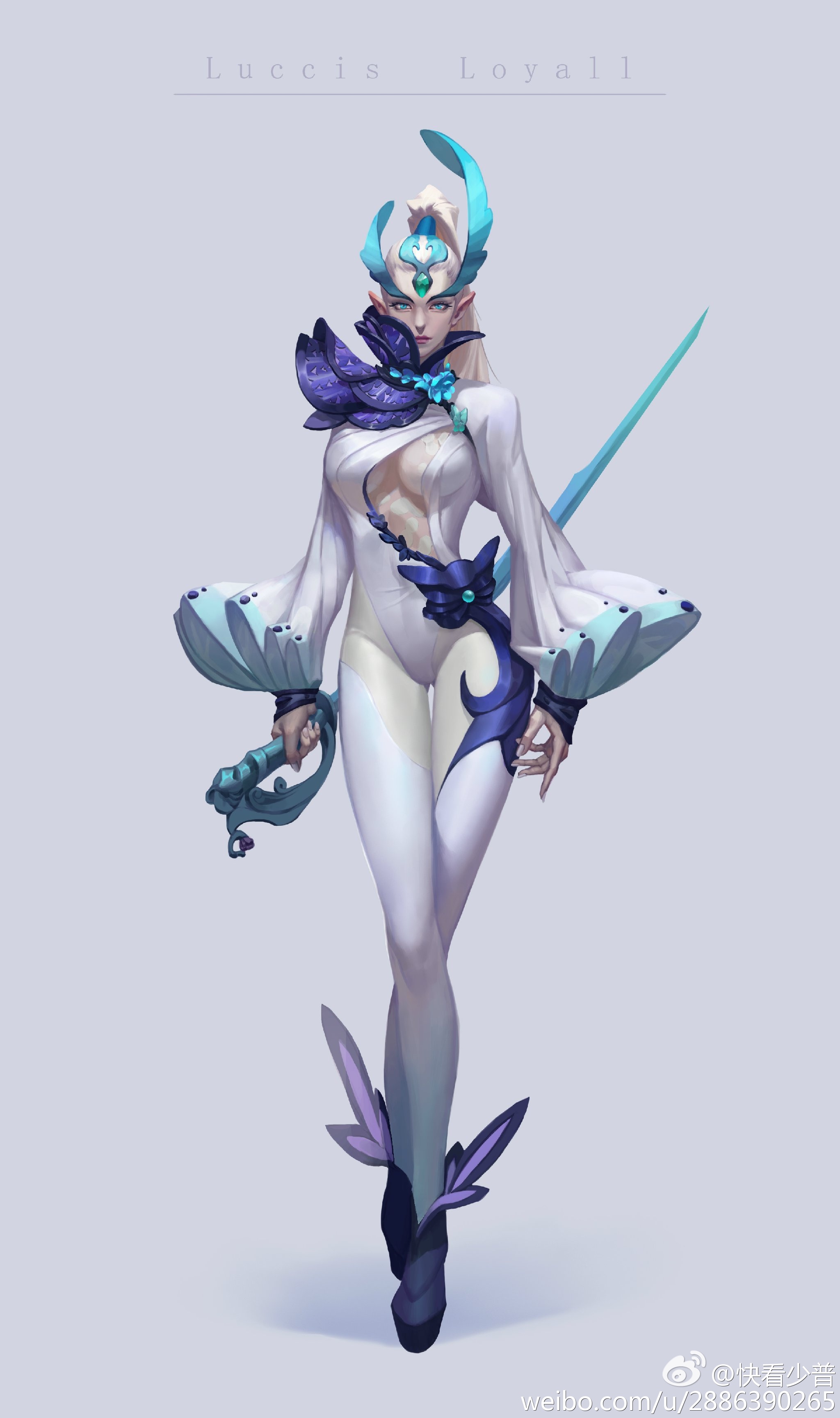a digital illustration of a female elf warrior, named luceis loyall, standing against a plain background. she is clad in a white, formfitting bodysuit accented with flowing, petallike details in shades of blue and purple. a matching headdress adorned with a central gem sits atop her platinum blonde hair.  she holds a slender sword in one hand and a dagger in the other, both featuring ornate hilts. her pose is confident and poised. the overall aesthetic is elegant and otherworldly.