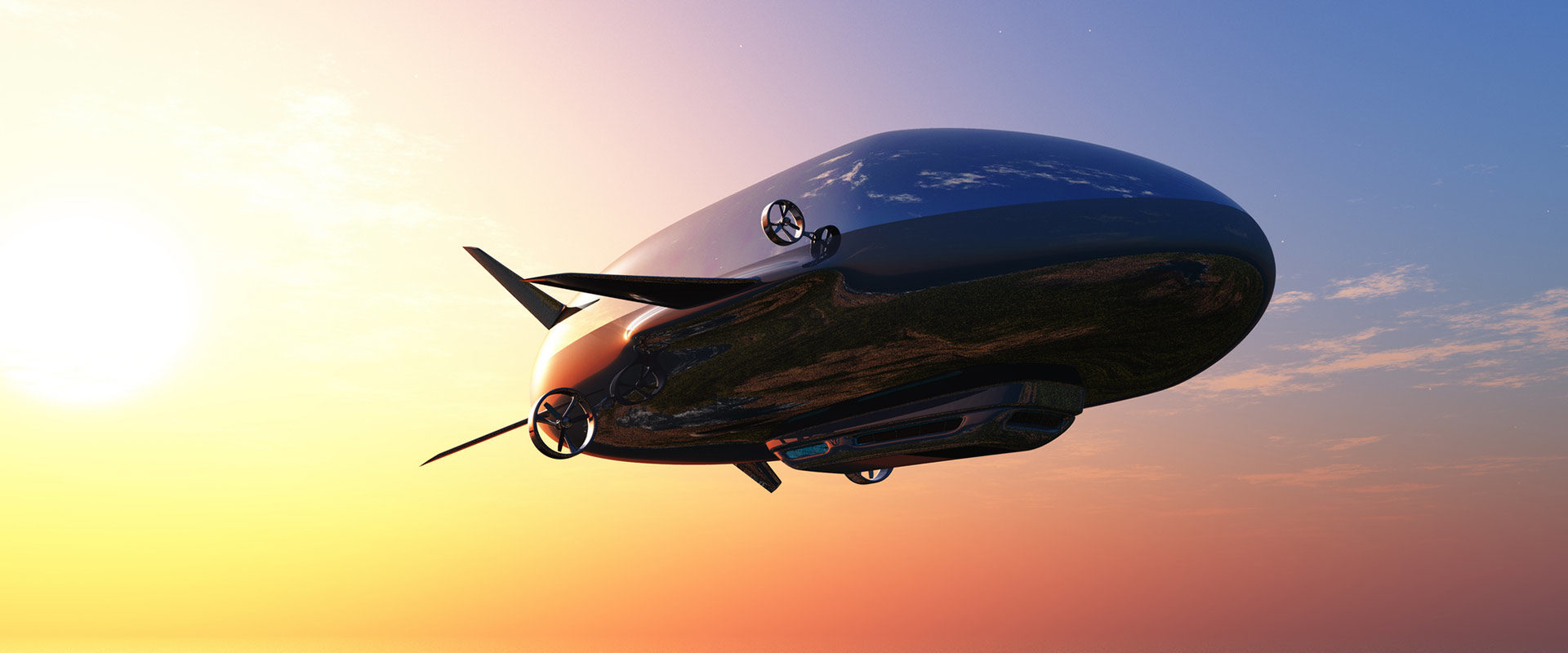 a black and silver airship flies through a sunset sky with soft orange and pink clouds. the airship is silhouetted against the vibrant sky, with a golden glow in the background.  the image is a beautiful and surreal depiction of transportation in the future.