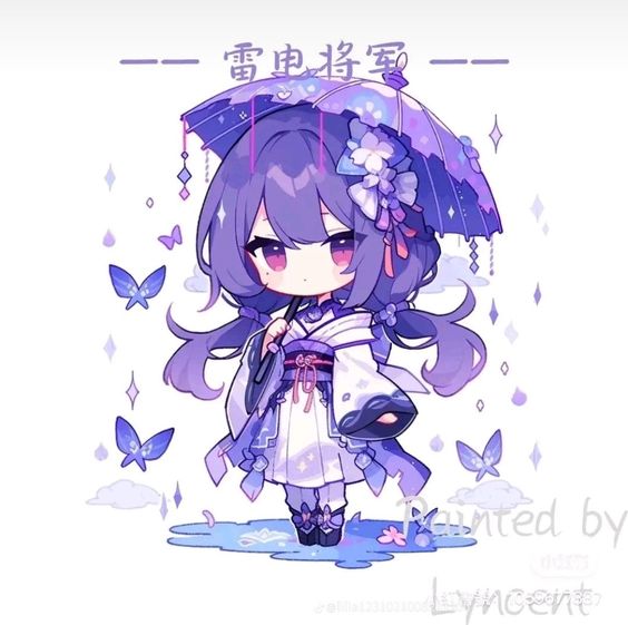 the illustration features a chibistyle depiction of raiden shogun from genshin impact. she is portrayed in a white and purple kimono, holding a traditional umbrella with butterfly motifs. her purple hair is styled with long pigtails adorned with flowers. surrounding her are delicate butterflies and a puddle reflecting the overcast sky.  the overall aesthetic is cute and whimsical, with soft lighting and a muted color palette.