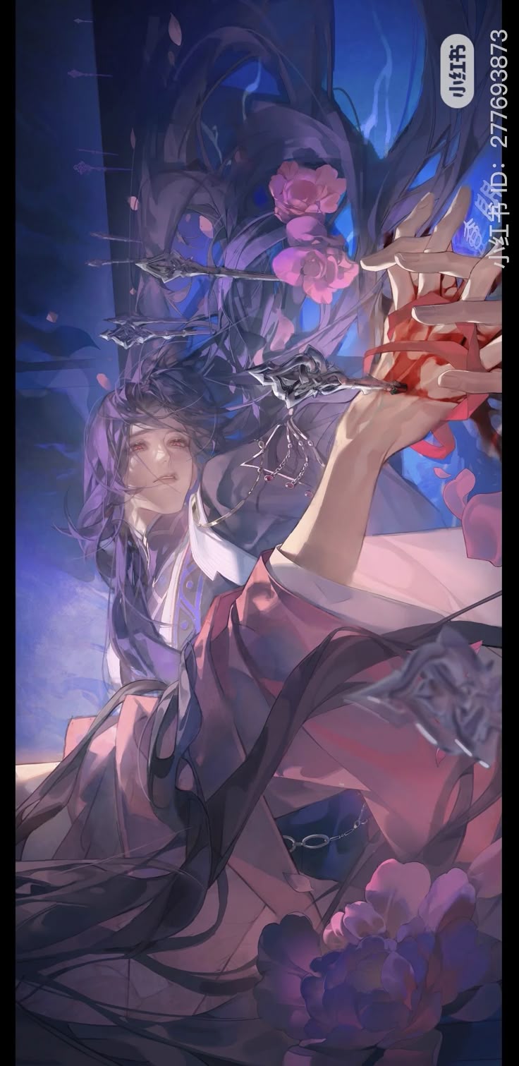 an illustration depicts a male figure with long, dark hair, wearing traditional clothing. the figure has light skin and is looking directly at the viewer. the scene includes elements of fantasy, with flowers like roses and peonies scattered around. the color palette is dominated by shades of blue, red, and purple. a silver chain is visible on the figure's attire. he is holding something red in his hands. the style appears to be inspired by chinese art.