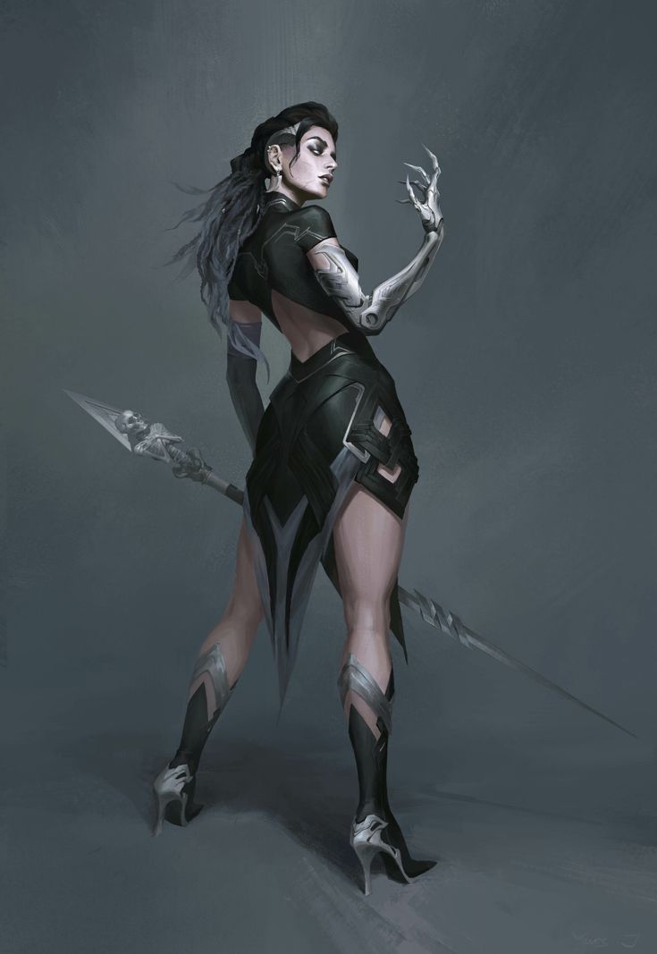 a female warrior with futuristic armor, a sword, and a spear poses in a grey background. her left arm is robotic with sharp claws.  she is gazing at the sharp claws on her left hand.