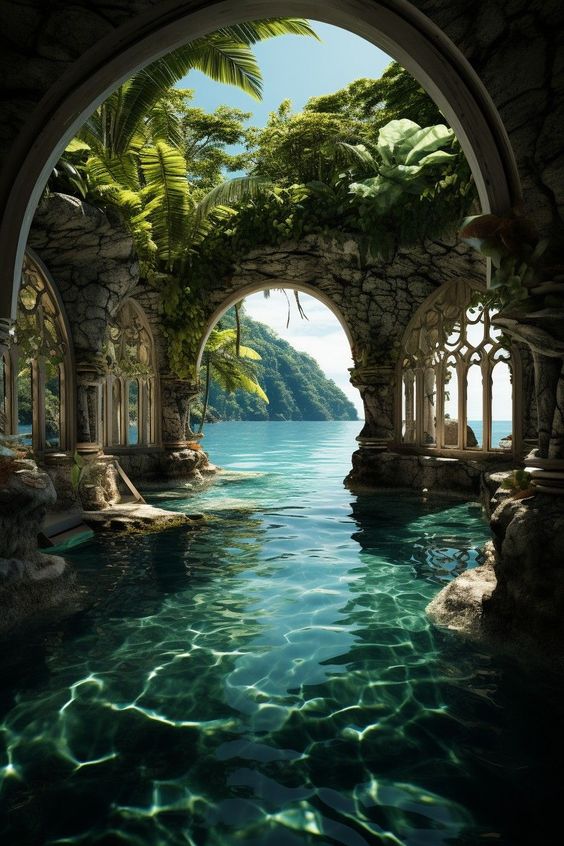 the image depicts an ancient, overgrown stone structure with arched openings framing a breathtaking view of a tranquil, turquoise sea and lush green tropical vegetation. the structure appears to be partially submerged in a crystalclear pool of water, creating a serene and ethereal atmosphere. sunlight streams through the arches, illuminating the scene and casting long shadows, while the lush foliage adds a sense of mystery and enchantment.
