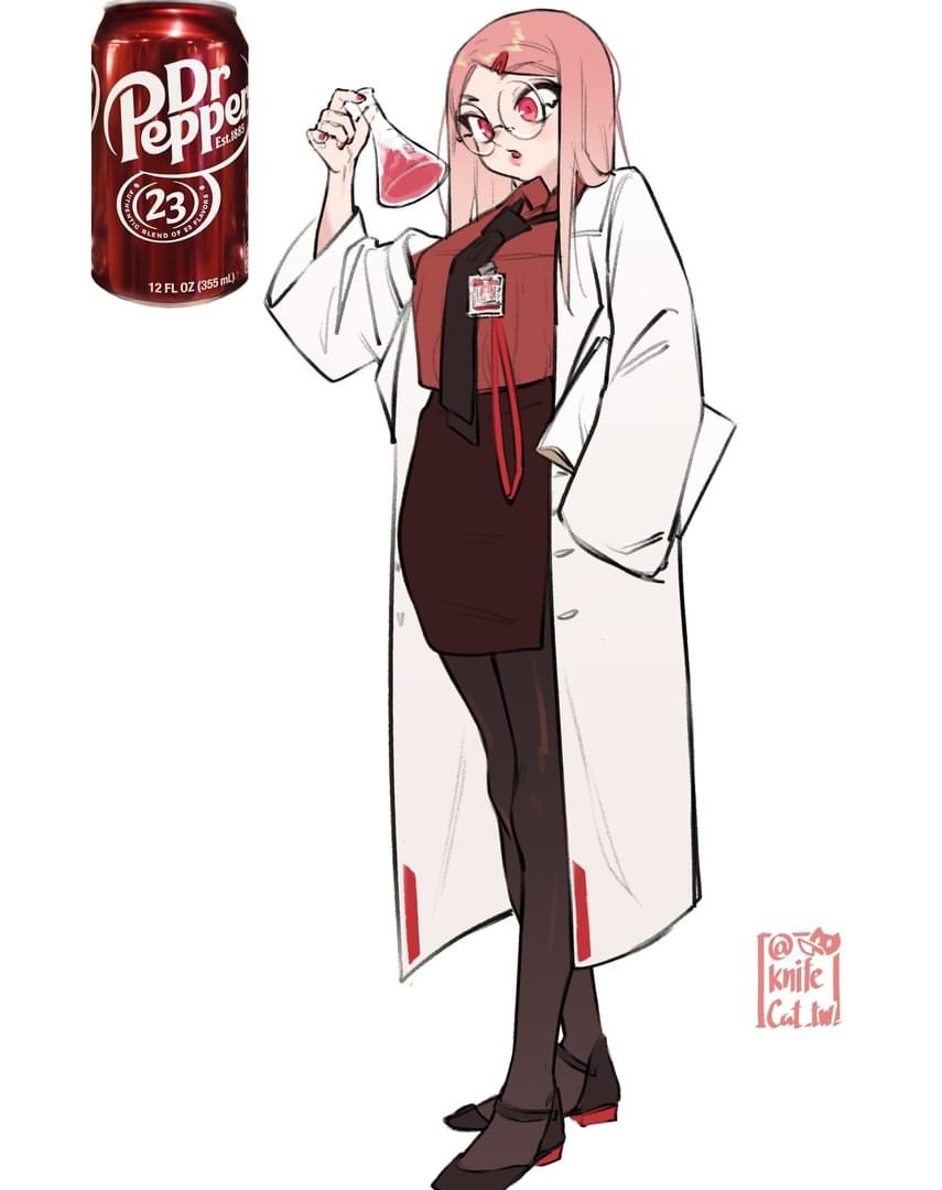an illustration of a cute anime girl with pink hair. she is dressed as a scientist, wearing a lab coat and glasses. she is holding a beaker with red liquid in it. next to her is a can of dr pepper.