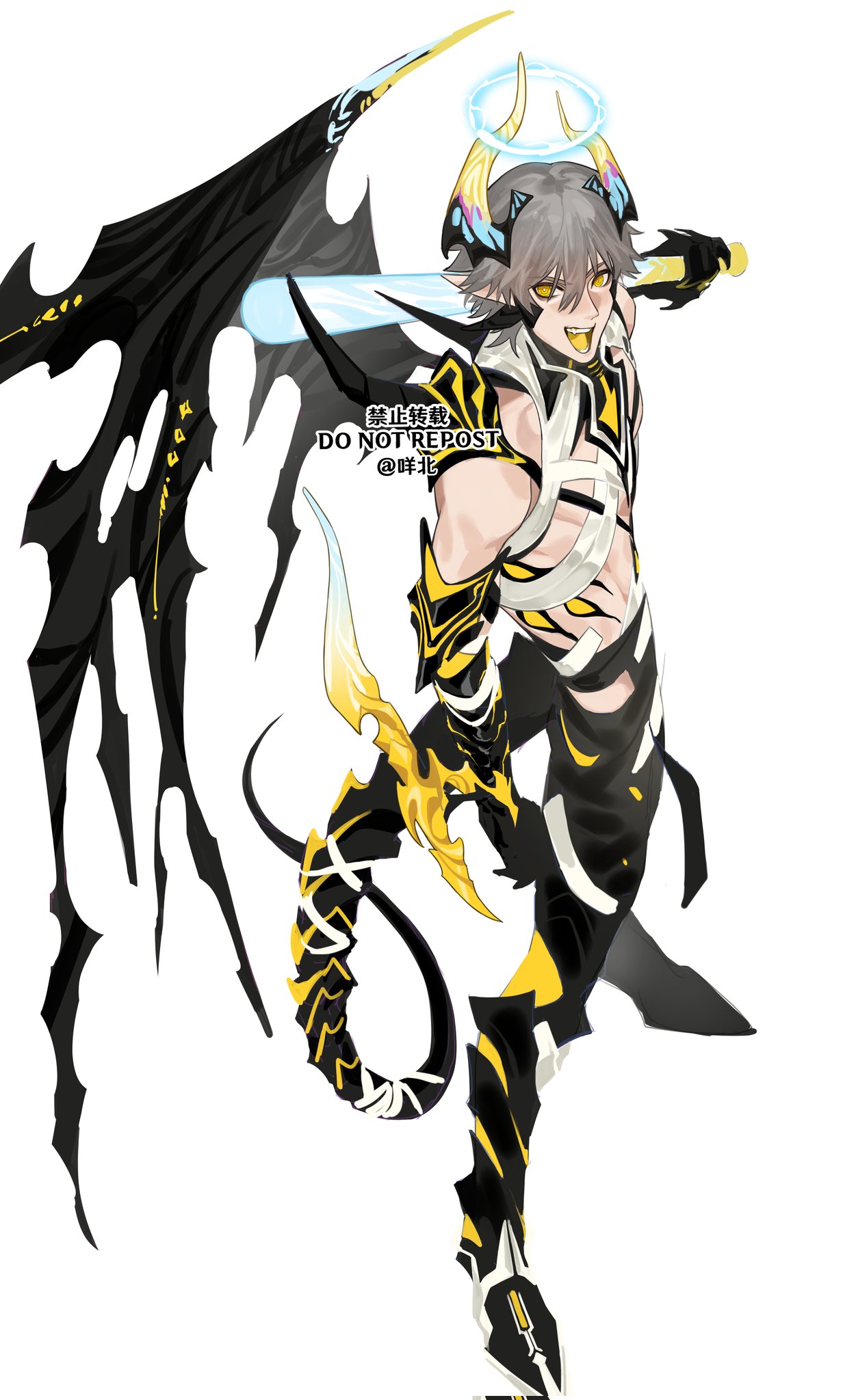 this is a digital art illustration of an anime character. the character has black wings with a yellow outline, black and yellow armor, and a halo. they are holding a black sword and have a mischievous expression.