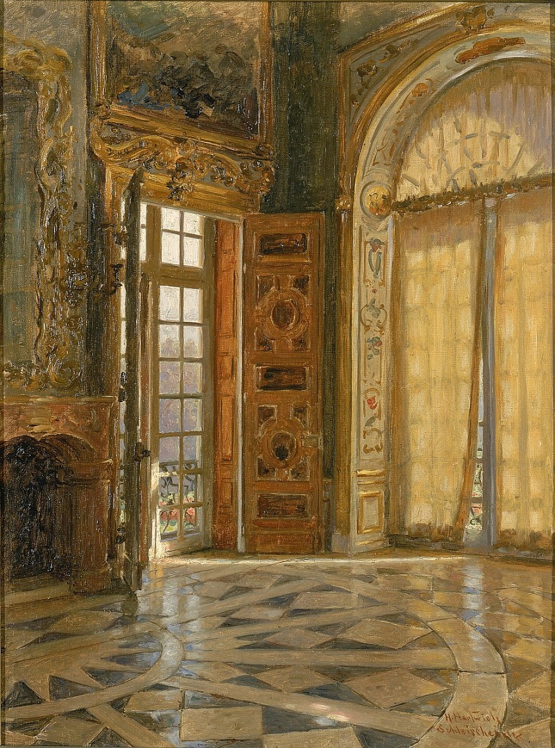 this is a painting of a room with an ornate, classical interior. the room has a marble floor with a geometric pattern and is lit by sunlight streaming in through a tall, arched window with lightcolored curtains. an open door reveals a view of the outdoors. a fireplace with decorative elements is on the left. the room has elegant decorations and is lit with warm light, creating shadows and reflections. the artwork is in the style of impressionism and conveys a sense of history and grandeur.