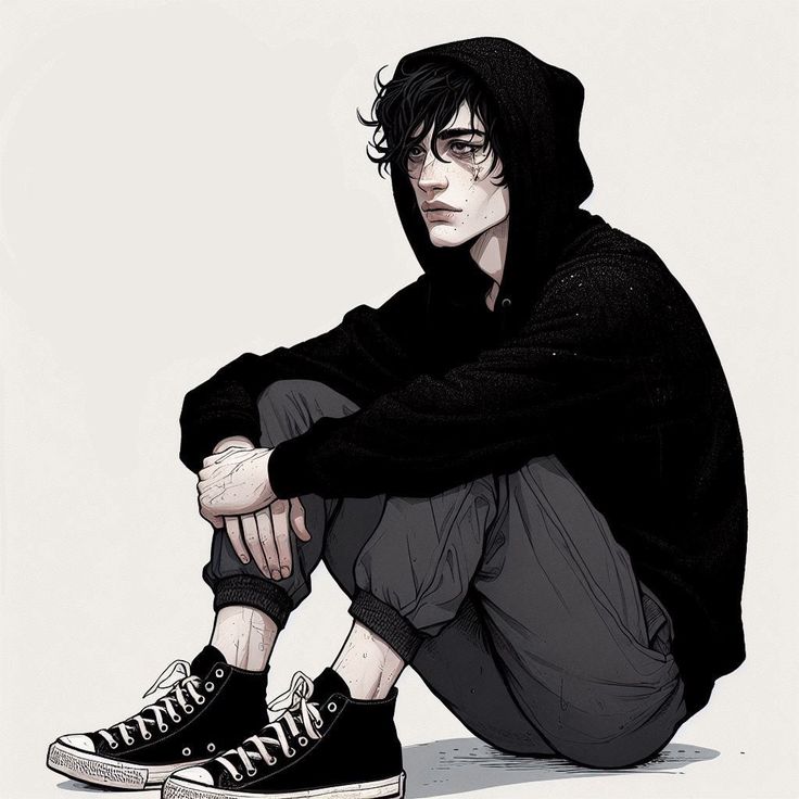 the image is a detailed, monochrome illustration or drawing of a young man. he appears to be a teenager or young adult with dark, slightly messy hair partially concealed under a black hoodie. he is wearing darkcolored sweatpants and black conversestyle sneakers. the young man is sitting with his knees drawn up to his chest, his hands clasped around his legs. his expression is pensive and somewhat melancholic; his face shows subtle hints of sadness or weariness. the style is reminiscent of anime or manga, but with a realistic rendering of textures and shading. the overall mood is dark, brooding, and slightly edgy. the background is plain white, which focuses attention on the figure and the details of his clothing and expression.