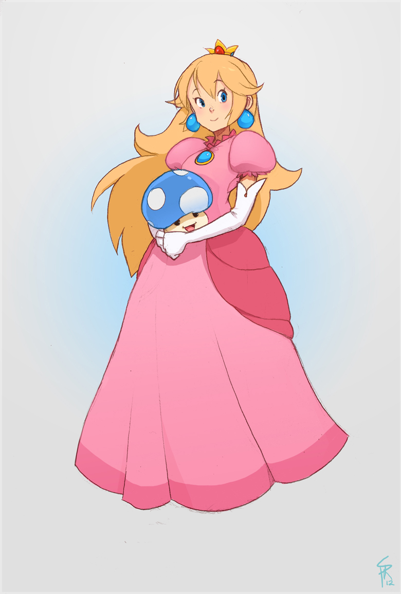 princess peach from the super mario franchise is standing while holding a 1up mushroom. she's wearing her signature pink dress, white gloves, blue earrings, and golden crown. her hair is blonde and long, flowing past her shoulders. the background is a light blue and white gradient.