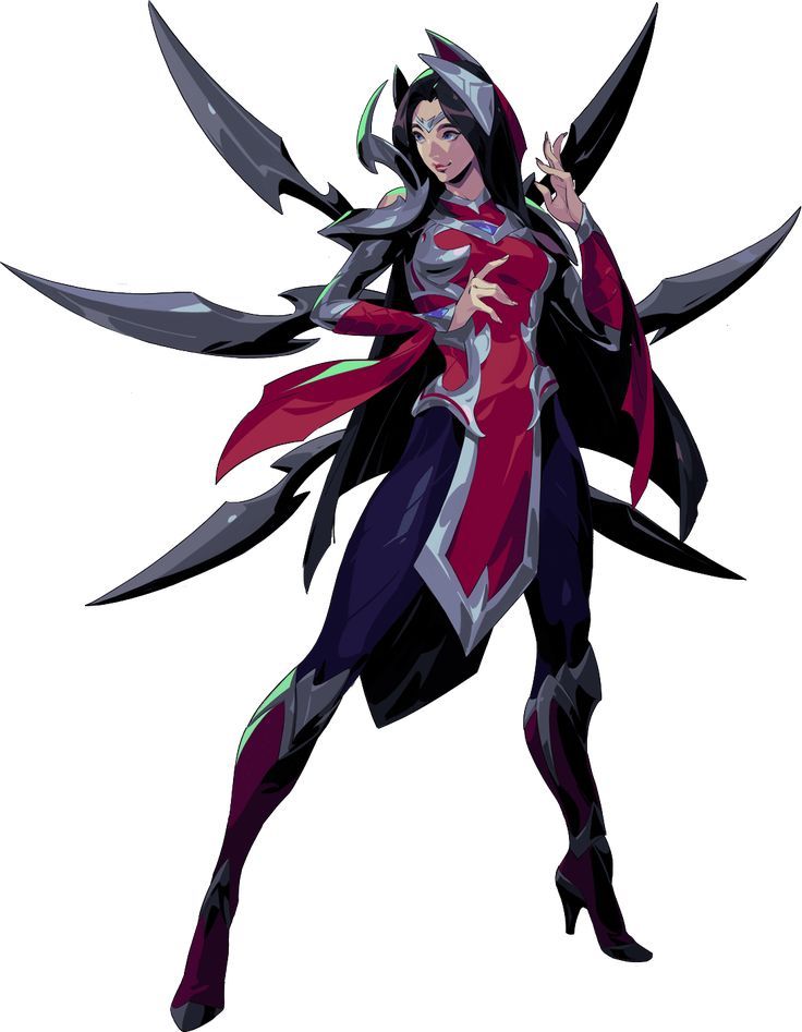 the image is a digital illustration or artwork depicting a female video game character. she's styled in a manner reminiscent of anime or manga, with long black hair and a striking pose.  she's dressed in a flowing, formfitting costume with a primarily red and black color scheme, featuring intricate details suggesting armor or magical enhancements.  several sharp, bladelike appendages extend from her back and arms, suggesting a powerful or dangerous character. her expression is confident and perhaps slightly aloof. the overall style is dark fantasy, with elements of elegance and power blended together. the background is plain white, drawing focus to the character herself.