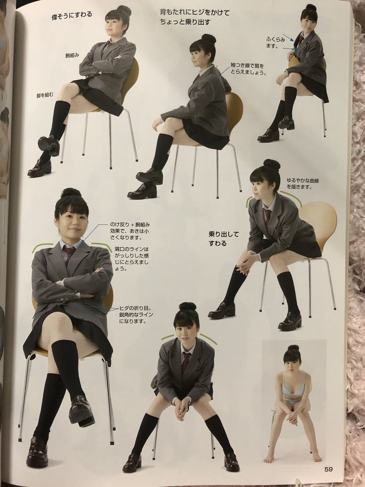 this is an illustration of different ways a female character in a school uniform can sit on a chair.  the illustration is in a manga/anime style.