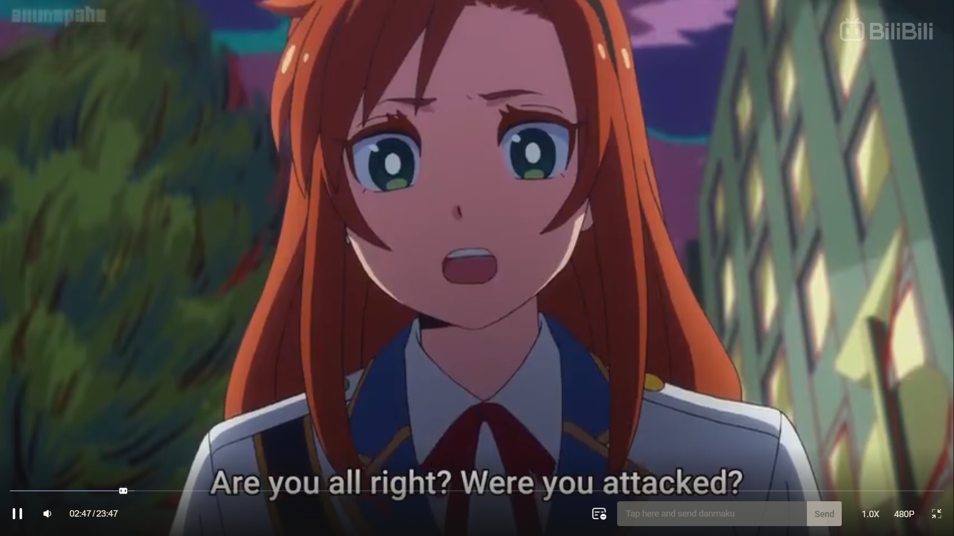 a screenshot of an anime girl with long red hair and green eyes. she is wearing a school uniform with a blue collar and a red ribbon. she is looking to the left with a concerned expression on her face. the background is a dark cityscape at night. the text "are you all right? were you attacked?" is displayed at the bottom of the image. ```