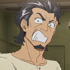 a close up image of an anime character who has short black hair with pink highlights and a small goatee. his mouth is open, and his eyebrows are furrowed, conveying that he is worried or scared. he is wearing a white vneck tshirt and appears to be inside.