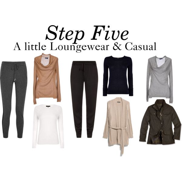 the image showcases a collection of women's loungewear and casual clothing items arranged sidebyside. the selection includes gray leggings, a tan cowl neck top, a white longsleeved crew neck top, black joggers, a navy blue crew neck top, a beige belted cardigan, a gray cowl neck top, and an olive green jacket. the text "step five a little loungewear & casual" is prominently displayed at the top of the image.