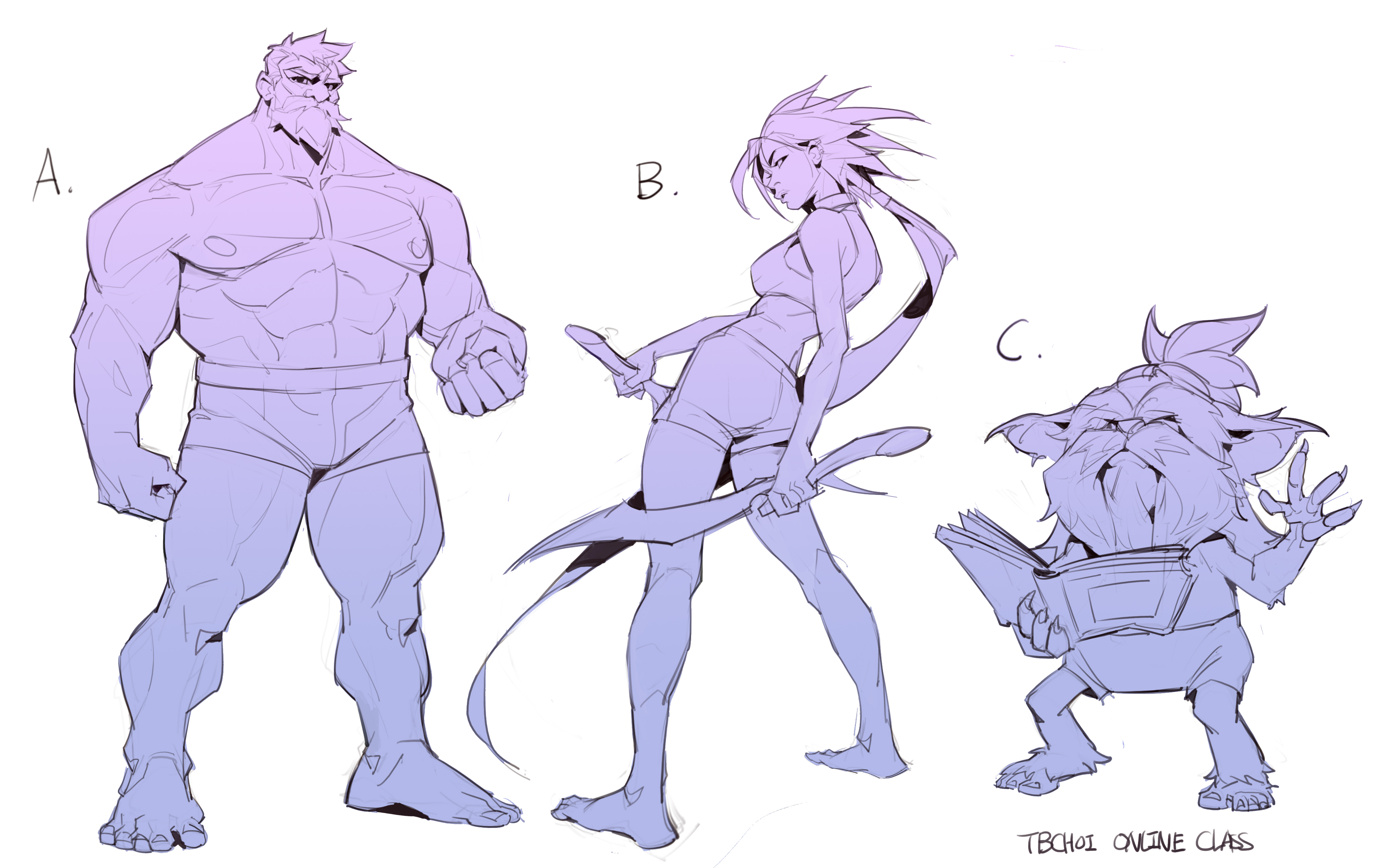 the image contains three character sketches labeled a, b, and c.  a is a large, muscular male figure. b is a female figure with a weapon, and c is a small, furry creature holding a book.  all figures are drawn in a dynamic pose, with a loose, expressive style, using shades of purple.  the style suggests concept art for a game or animation. the text "tbchoi online class" is present at the bottom, indicating the source or context of the artwork.
