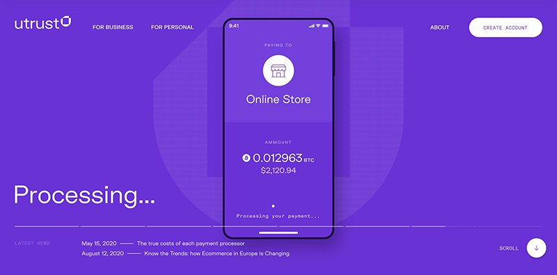 the image shows a purple webpage with a mockup of a mobile phone on the left side. the phone screen shows a payment processing page with the words "processing..." and the text "online store" at the top. the screen displays a bitcoin payment of 0.012963 btc, which is equal to $2,120.94. the image highlights the process of online payment with cryptocurrency, specifically bitcoin. the website name "utrusto" is visible at the top left corner of the image, suggesting it's a platform for online payment processing. the website's theme of purple aligns with the design of the mockup phone screen, creating a cohesive visual experience.